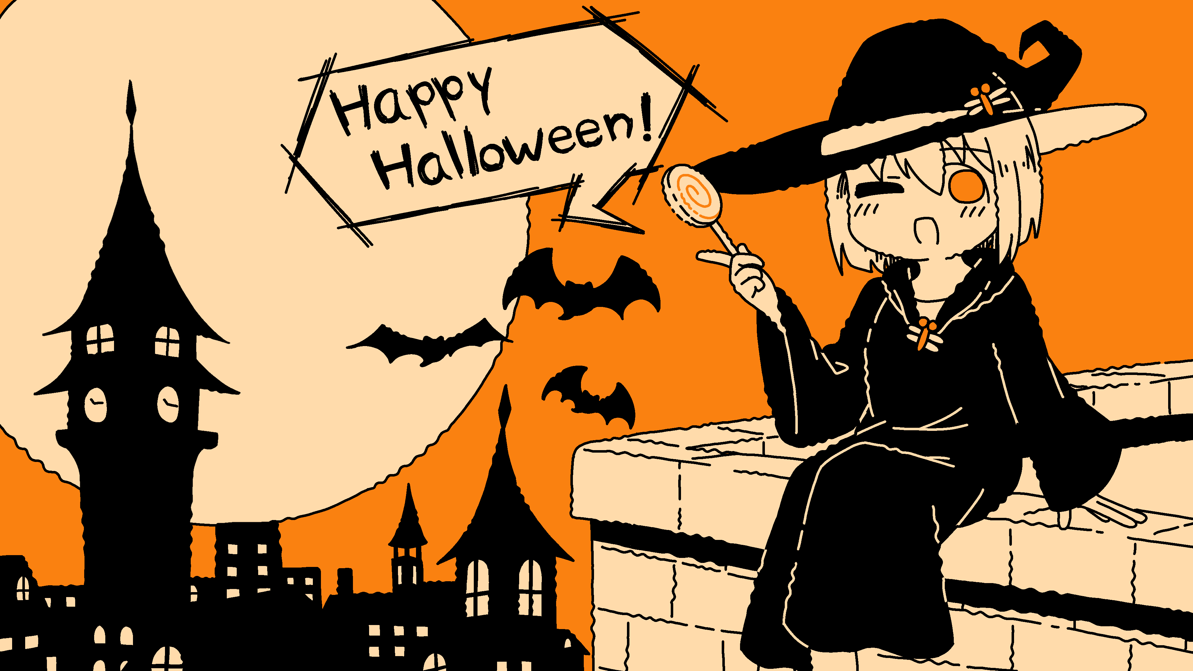 emesan desu, original, absurdres, commentary request, highres, 1girl, bat (animal), bug, candy, clock, clock tower, dragonfly, food, full moon, halloween, happy halloween, hat, holding, holding candy, holding food, holding lollipop, insect, lollipop, long sleeves, looking at viewer, moon, one eye closed, open mouth, orange theme, robe, solo, tower, witch, witch hat