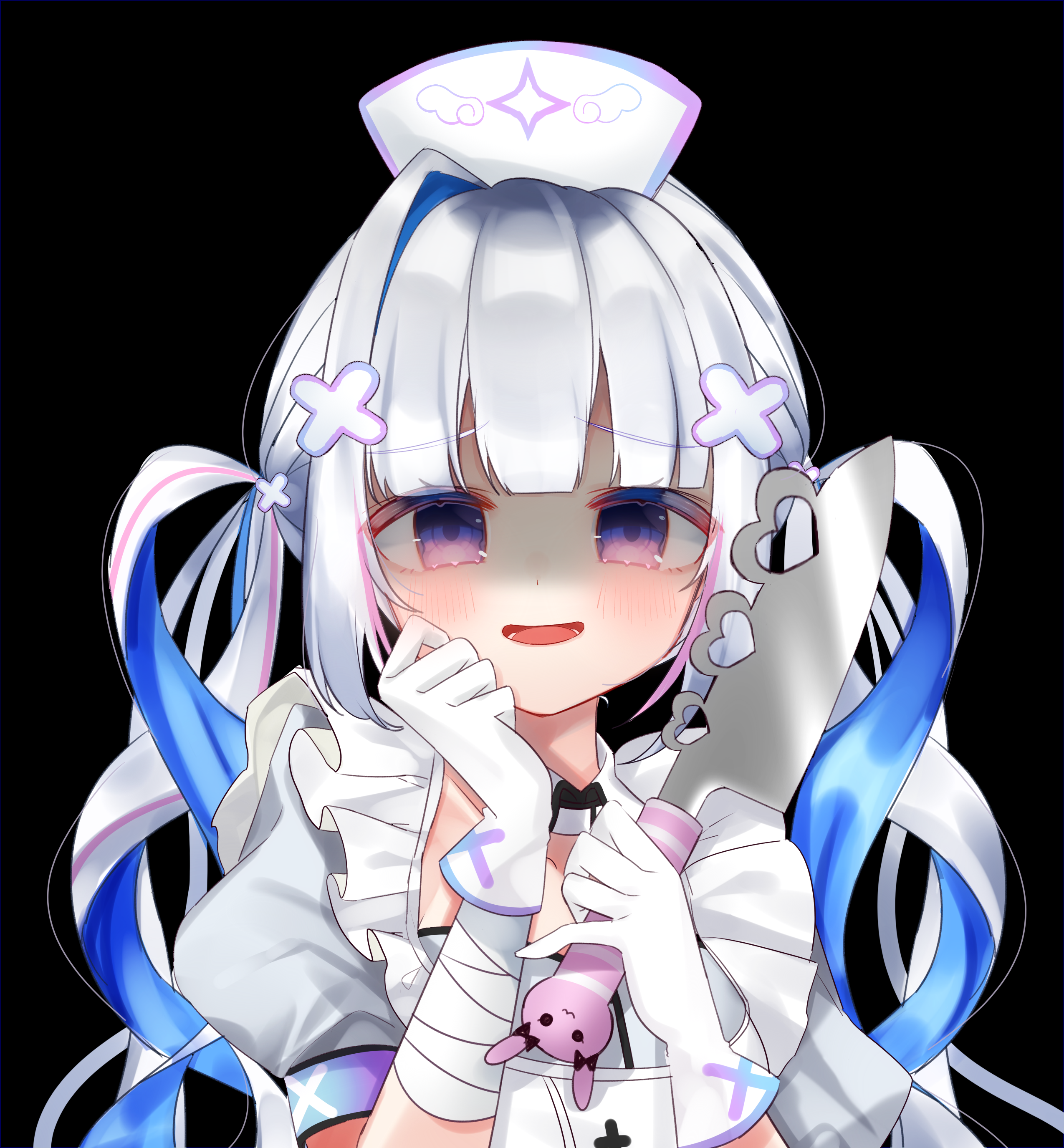 hosimiya yume, amane kanata, amane kanata (nurse), hololive, absurdres, commentary request, highres, 1girl, black background, blue hair, blush, collar, detached collar, dress, gloves, grey hair, hair intakes, hat, holding, holding knife, knife, long hair, looking at viewer, nurse, nurse cap, official alternate costume, official alternate hairstyle, open mouth, purple eyes, shaded face, solo, twintails, very long hair, virtual youtuber, white collar, white dress, white gloves, white hat