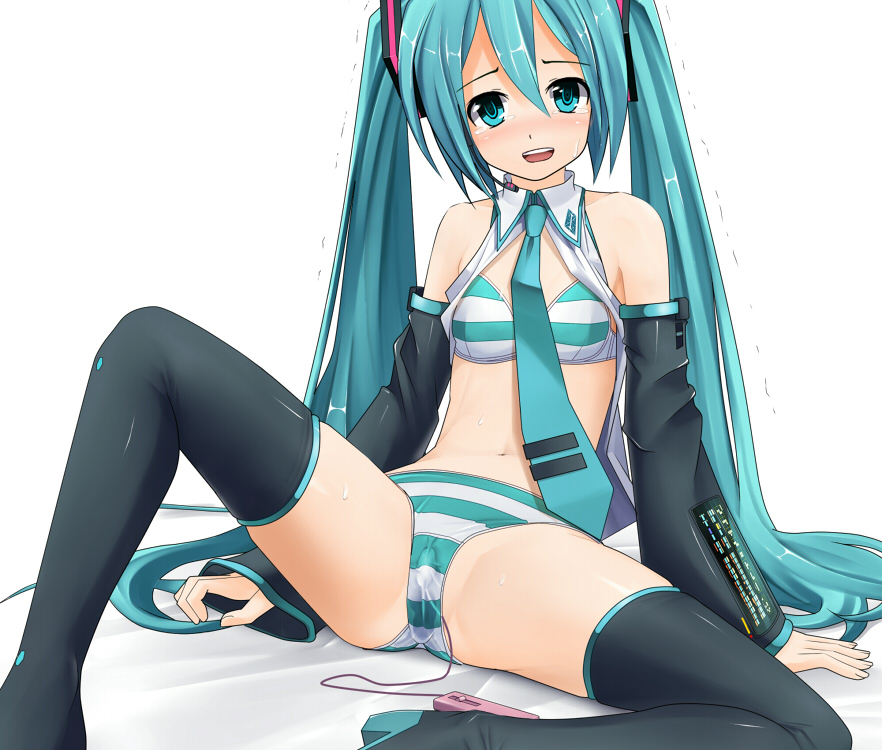 eto, hatsune miku, vocaloid, bad id, bad pixiv id, 1girl, aqua eyes, aqua hair, arm support, black thighhighs, blush, boots, bra, detached sleeves, egg vibrator, female focus, green bra, green panties, headset, leaning back, lingerie, long hair, necktie, no pants, open clothes, open shirt, panties, sex toy, shirt, simple background, sitting, solo, spread legs, striped bra, striped clothes, striped panties, sweat, tears, thigh boots, thighhighs, trembling, twintails, underwear, underwear only, very long hair, vibrator, vibrator under clothes, vibrator under panties, wide spread legs