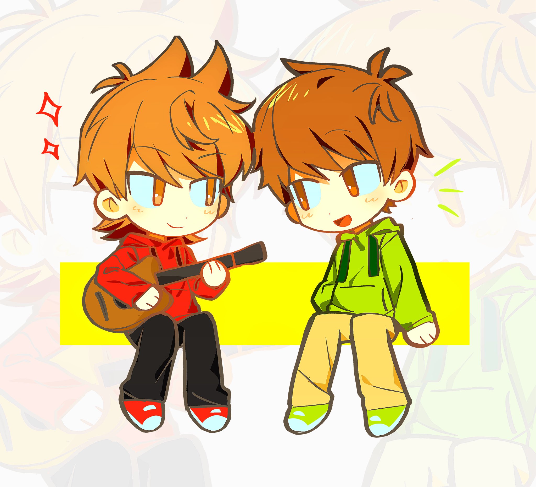 edd (eddsworld), eddsworld, highres, 2boys, :d, animification, antenna hair, black pants, brown hair, chibi, chibi only, drawstring, eye contact, flipped hair, full body, green hoodie, green shoes, guitar, hair behind ear, hair ears, holding, holding guitar, holding instrument, hood, hood down, hoodie, instrument, long sleeves, looking at another, male focus, multiple boys, notice lines, open mouth, pants, red hoodie, red shoes, shoes, short hair, sitting, smile, sneakers, sparkle, tord (eddsworld), yellow pants, yunian77, zoom layer
