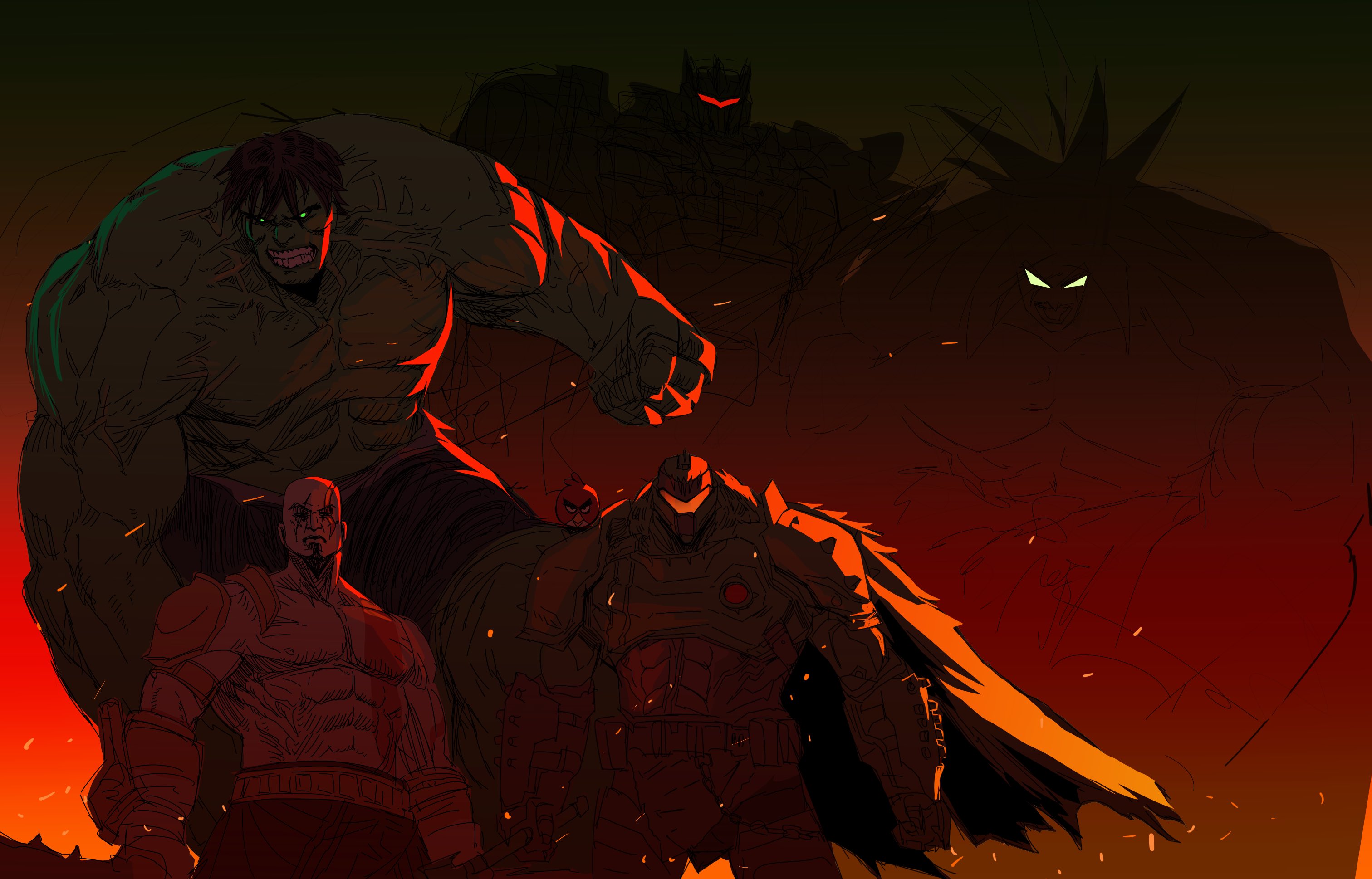 primusibi, broly (dragon ball z), doomguy, grimlock, hulk, kratos (god of war), red (angry birds), angry birds, doom (series), dragon ball, dragonball z, god of war, marvel, transformers, transformers: war for cybertron, commentary, english commentary, highres, unfinished, 6+boys, abs, animal, animal on shoulder, armor, assault visor, bald, bird, bird on shoulder, cape, clenched teeth, closed mouth, colored skin, crossover, embers, facial hair, fire, frown, full armor, glowing, glowing eyes, goatee, green eyes, green skin, large pectorals, legendary super saiyan, looking at viewer, male focus, multiple boys, multiple crossover, muscular, muscular male, pectorals, power armor, praetor suit, silhouette, super saiyan, teeth, topless male, trait connection