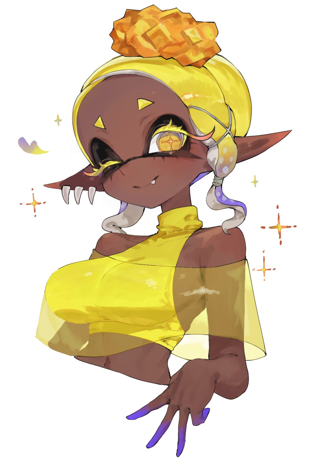 togetoge, frye (splatoon), nintendo, splatoon (series), splatoon 3, commentary request, highres, blonde hair, breasts, colored eyelashes, colored fingertips, crop top, cropped torso, dark-skinned female, dark skin, earrings, fang, inkling, jewelry, large breasts, long pointy ears, multiple earrings, one eye closed, pointy ears, see-through clothes, see-through shawl, shawl, short eyebrows, sideboob, smile, tentacle hair, tooth earrings, yellow eyes, yellow shawl
