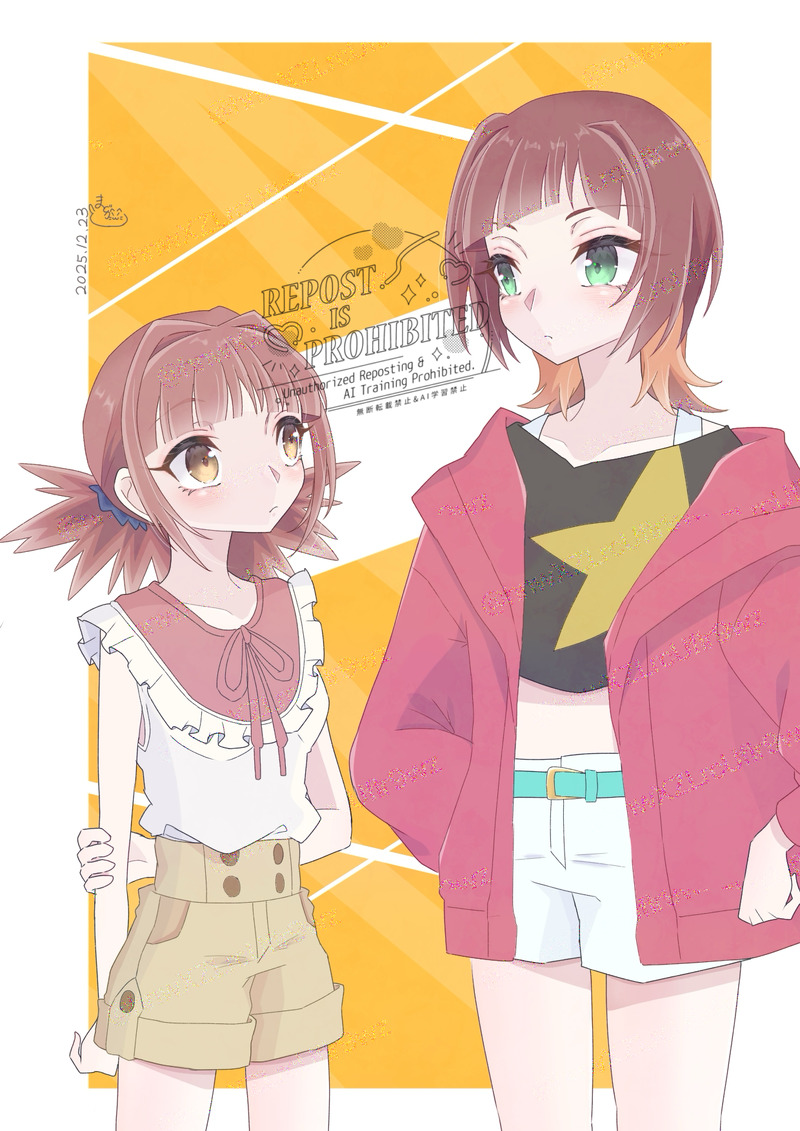 hinomoto akari, sakuya reina, digimon, digimon beatbreak, digimon xros wars, 2girls, hair ornament, hairclip, hnwxzlrcuflr9wz, jacket, long hair, multiple girls, orange eyes, red hair, short hair, star (symbol), twintails