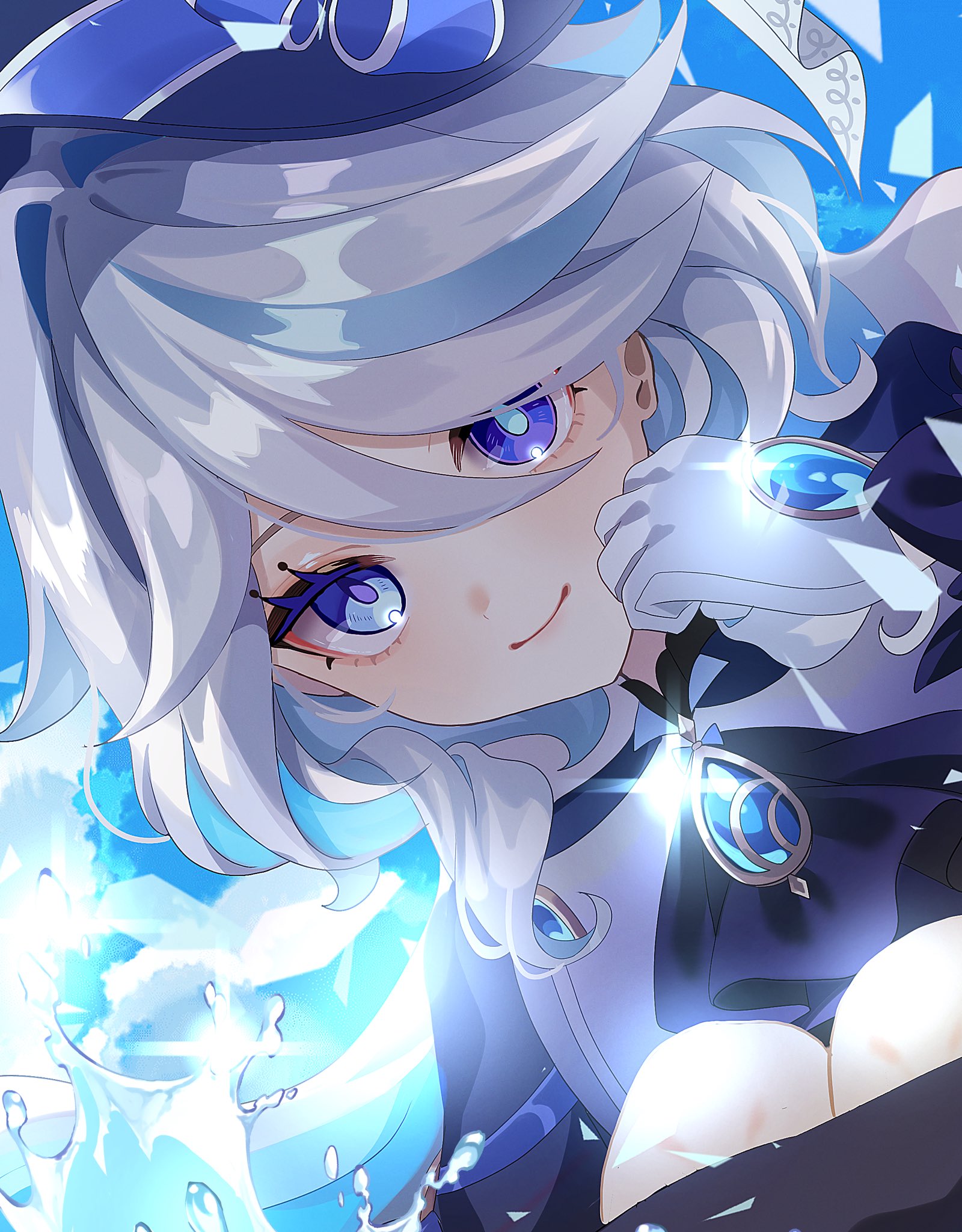 rei (sss35 ss3), furina (genshin impact), genshin impact, blue gem, commentary, highres, 1girl, ascot, blue ascot, blue eyes, blue hair, blue hat, blue pupils, closed mouth, drop-shaped pupils, gem, gloves, hair between eyes, hair intakes, hand up, hat, heterochromia, looking at viewer, mismatched pupils, multicolored hair, smile, solo, streaked hair, symbol-shaped pupils, water, white gloves, white hair