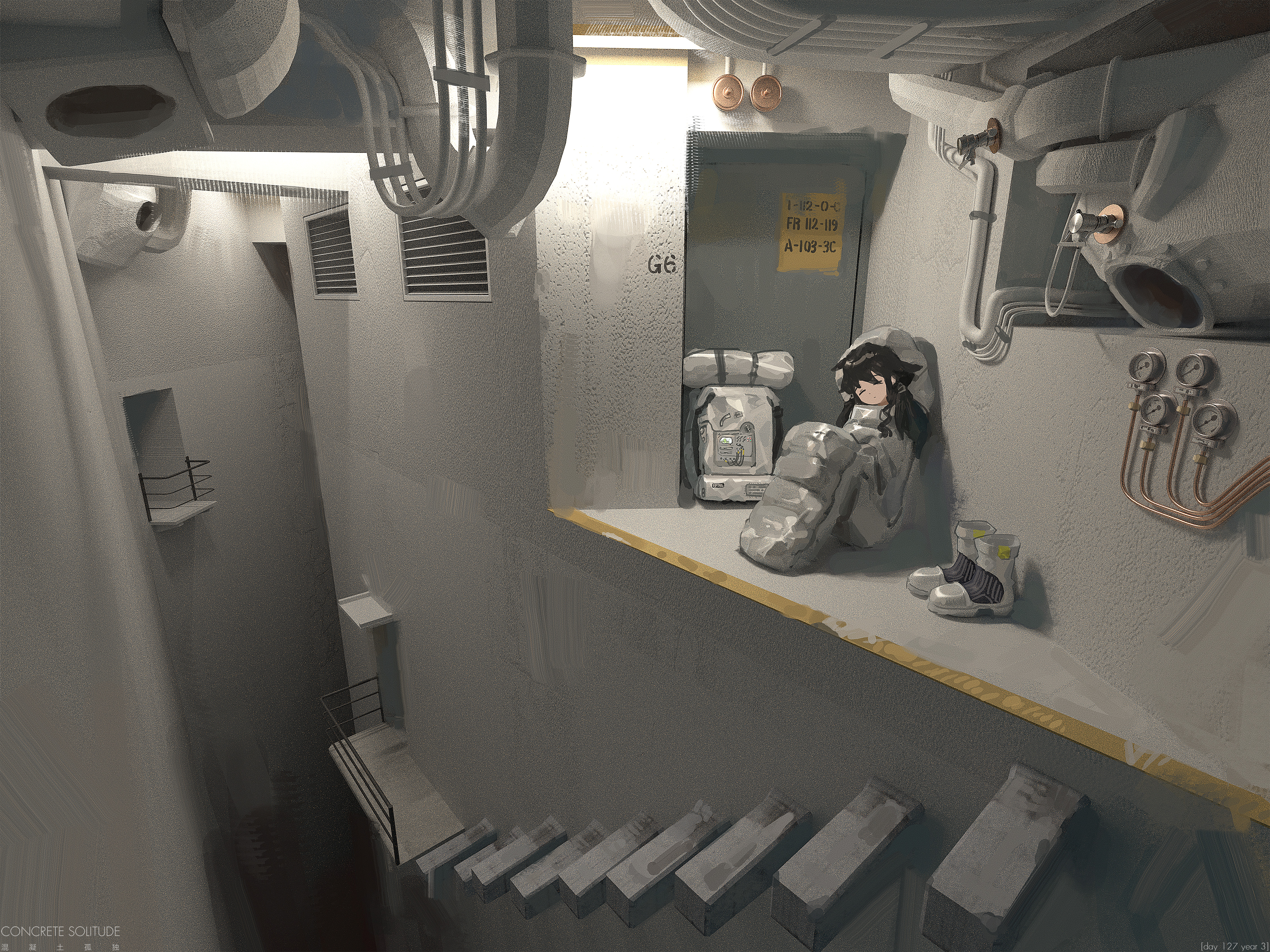 airfish (lefko d), original, absurdres, commentary, english commentary, highres, 1girl, backpack, bag, balcony, black hair, boots, gauge, indoors, industrial pipe, long hair, railing, silver boots, sleeping, sleeping bag, unworn backpack, unworn bag, unworn boots