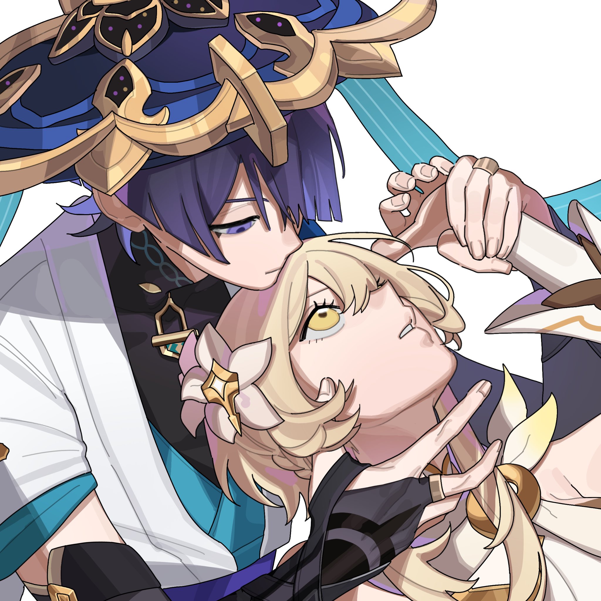 popotpat, lumine (as heaven and earth are made anew) (genshin impact), lumine (genshin impact), scaramouche (genshin impact), wanderer (genshin impact), genshin impact, hashtag-only commentary, highres, 1boy, 1girl, armor, behind another, black bodysuit, black bridal gauntlets, blonde hair, blue hat, blue kimono, blue sleeves, bodysuit, bridal gauntlets, closed mouth, dress, eyelashes, fingernails, flower, gold, gold ring, grabbing from behind, hair flower, hair ornament, half-closed eyes, hat, holding another's wrist, japanese armor, japanese clothes, jingasa, juban, kimono, kote, kurokote, layered sleeves, looking at another, middle ring, open clothes, open hand, open kimono, parted lips, purple eyes, purple hair, short hair, short hair with long locks, short sleeves, sidelocks, white background, white dress, white kimono, white mouth, white sleeves, yellow eyes