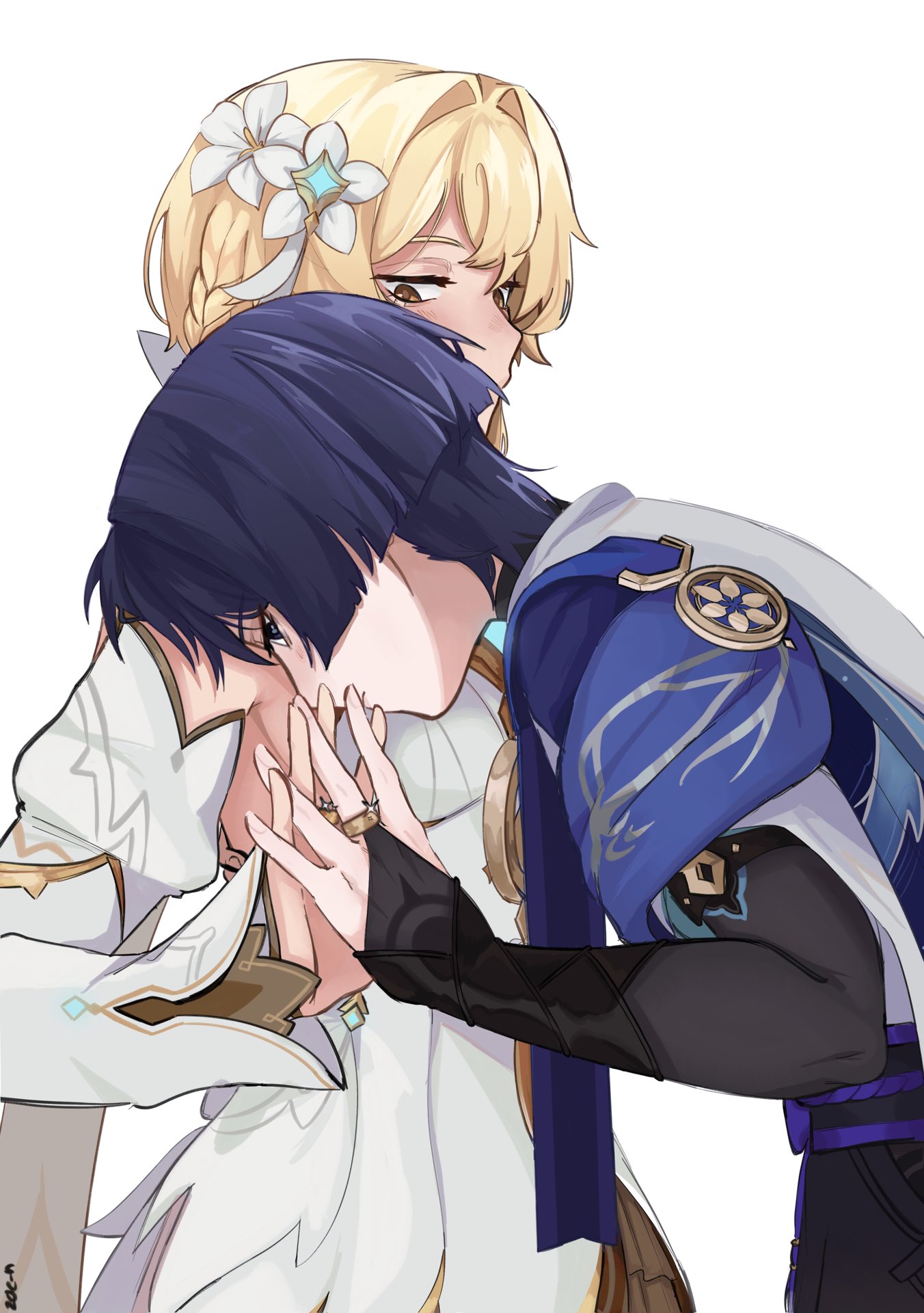 zac-n, lumine (as heaven and earth are made anew) (genshin impact), lumine (genshin impact), scaramouche (genshin impact), wanderer (genshin impact), genshin impact, blue gem, hashtag-only commentary, highres, 1boy, 1girl, armor, armpit crease, artist name, belt, black belt, black bridal gauntlets, black eyes, blonde hair, blue cape, blunt ends, blush, braid, bridal gauntlets, brown eyes, brown sleeves, cape, closed mouth, couple, detached sleeves, dress, eyelashes, eyeliner, flower, furisode, gem, glint, gold ring, hair flower, hair ornament, half-closed eyes, half up half down braid, head down, head on another's shoulder, hetero, interlocked fingers, japanese armor, japanese clothes, kimono, kote, kurokote, layered sleeves, looking at another, looking at hand, makeup, middle ring, official alternate costume, purple hair, purple rope, purple sash, red eyeliner, rope, sash, short hair, tsurime, white background, white dress, white flower, white kimono, white sleeves, white trim