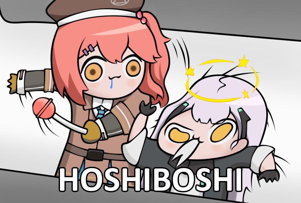 yuga pratama, ak-alfa (girls' frontline), cheeta (girls' frontline 2), mp7 (girls' frontline), tololo (girls' frontline 2), girls' frontline, girls' frontline 2: exilium, commentary, english commentary, 2girls, :3, beret, blush, bonk, brown hat, candy, chibi, chibi only, closed mouth, drooling, food, gloves, grey hair, hair ornament, hairclip, hat, holding, holding candy, holding food, holding lollipop, lollipop, long hair, looking at another, medium hair, multiple girls, one side up, upper body, yellow eyes, yellow gloves