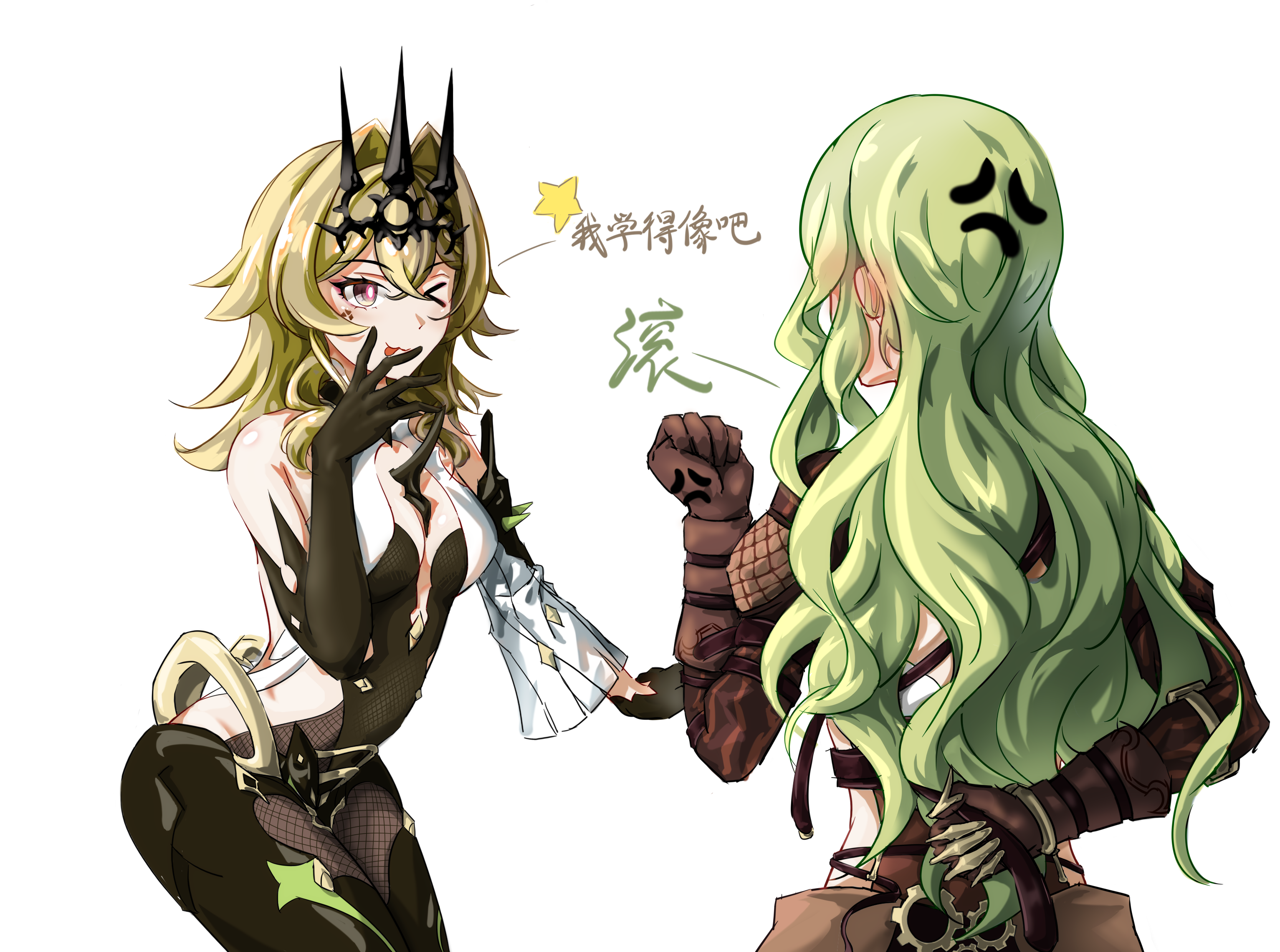 mobius (honkai impact), vill-v, honkai (series), honkai impact 3rd, chinese commentary, commentary request, highres, translation request, > o, anger vein, black dress, black gloves, black tiara, blush, breasts, brown gloves, brown hair, clenched hand, clothing cutout, cosplay, costume switch, dress, ear blush, gloves, green hair, grey eyes, long hair, medium breasts, medium hair, mobius (honkai impact) (cosplay), one eye closed, oshino ogi, side cutout, simple background, smile, spikes, tiara, very long hair, vill-v (cosplay), white background