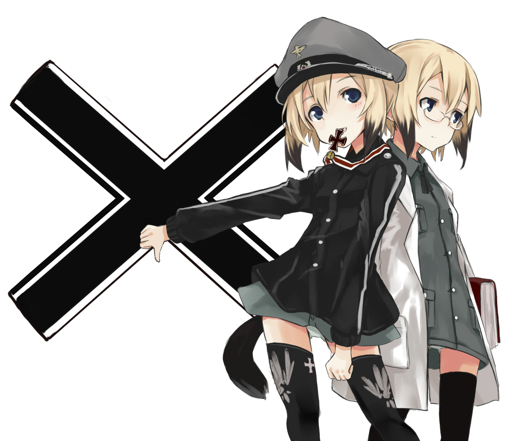 sasaki kouhei, erica hartmann, ursula hartmann, strike witches, strike witches: suomus misfits squadron, world witches series, uniform, bad id, bad pixiv id, 2girls, black thighhighs, blonde hair, blue eyes, book, cross, glasses, hat, iron cross, lab coat, mouth hold, multicolored hair, multiple girls, panties, short hair, siblings, sisters, standing, tail, thighhighs, thumbs down, two-tone hair, underwear, upskirt, white panties