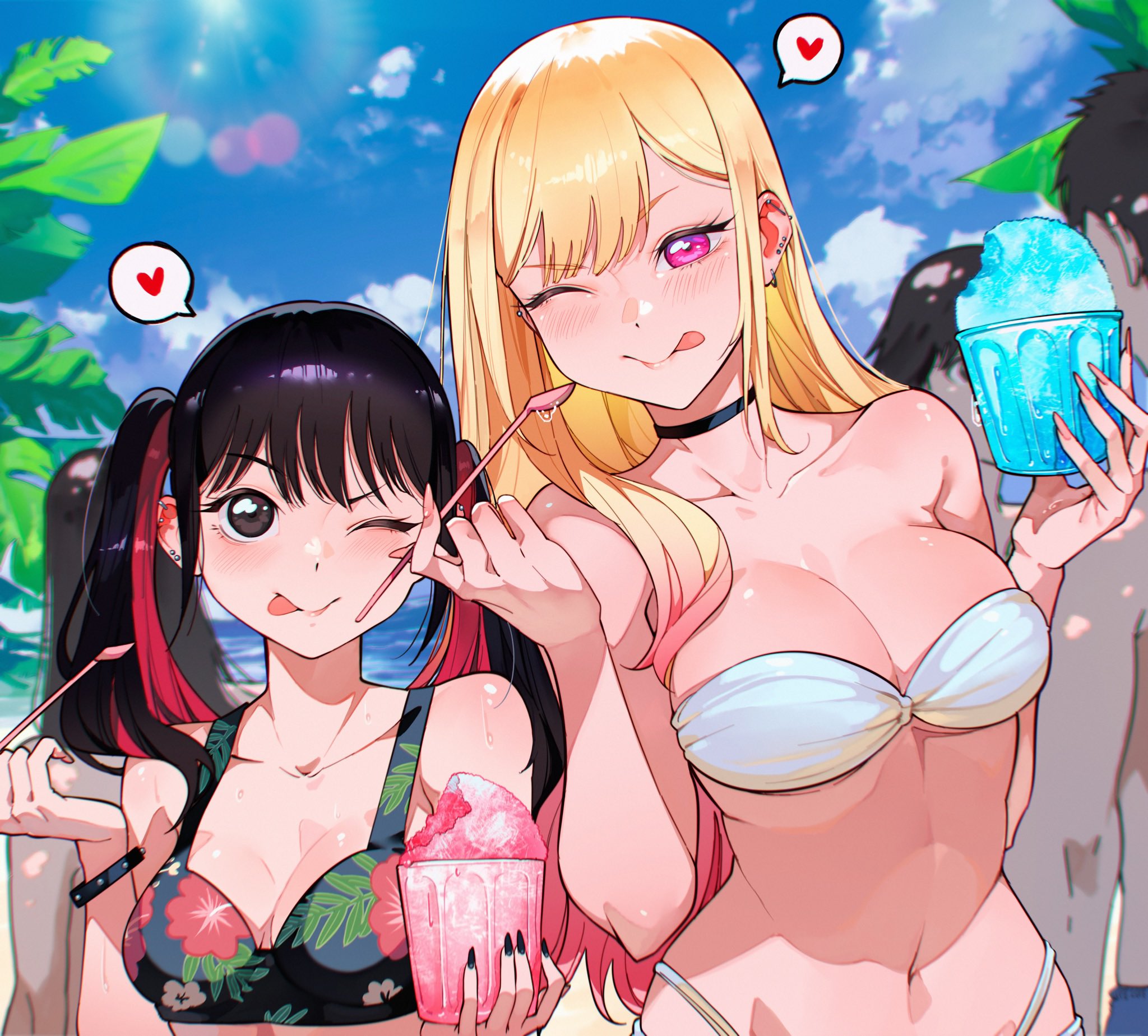 cesar art456, kitagawa marin, sugaya nowa, sono bisque doll wa koi wo suru, commentary, english commentary, highres, 2boys, 2girls, ;p, barbell piercing, bare shoulders, bikini, black bikini, black choker, black eyes, black hair, black nails, blonde hair, blue sky, blurry, blurry background, blush, bracelet, breasts, choker, cleavage, cloud, colored inner hair, cup, day, ear piercing, earrings, floral print, floral print bikini, food, heart, height difference, highleg, highleg bikini, holding, holding cup, holding spoon, industrial piercing, jewelry, large breasts, lens flare, looking at viewer, medium breasts, multicolored hair, multiple boys, multiple girls, nail polish, navel, one eye closed, outdoors, piercing, pink eyes, pink hair, print bikini, red hair, shaved ice, sky, spiked bracelet, spikes, spoken heart, spoon, spoon straw, strapless, strapless bikini, swimsuit, tongue, tongue out, twintails, two-tone hair, upper body, very long fingernails, white bikini