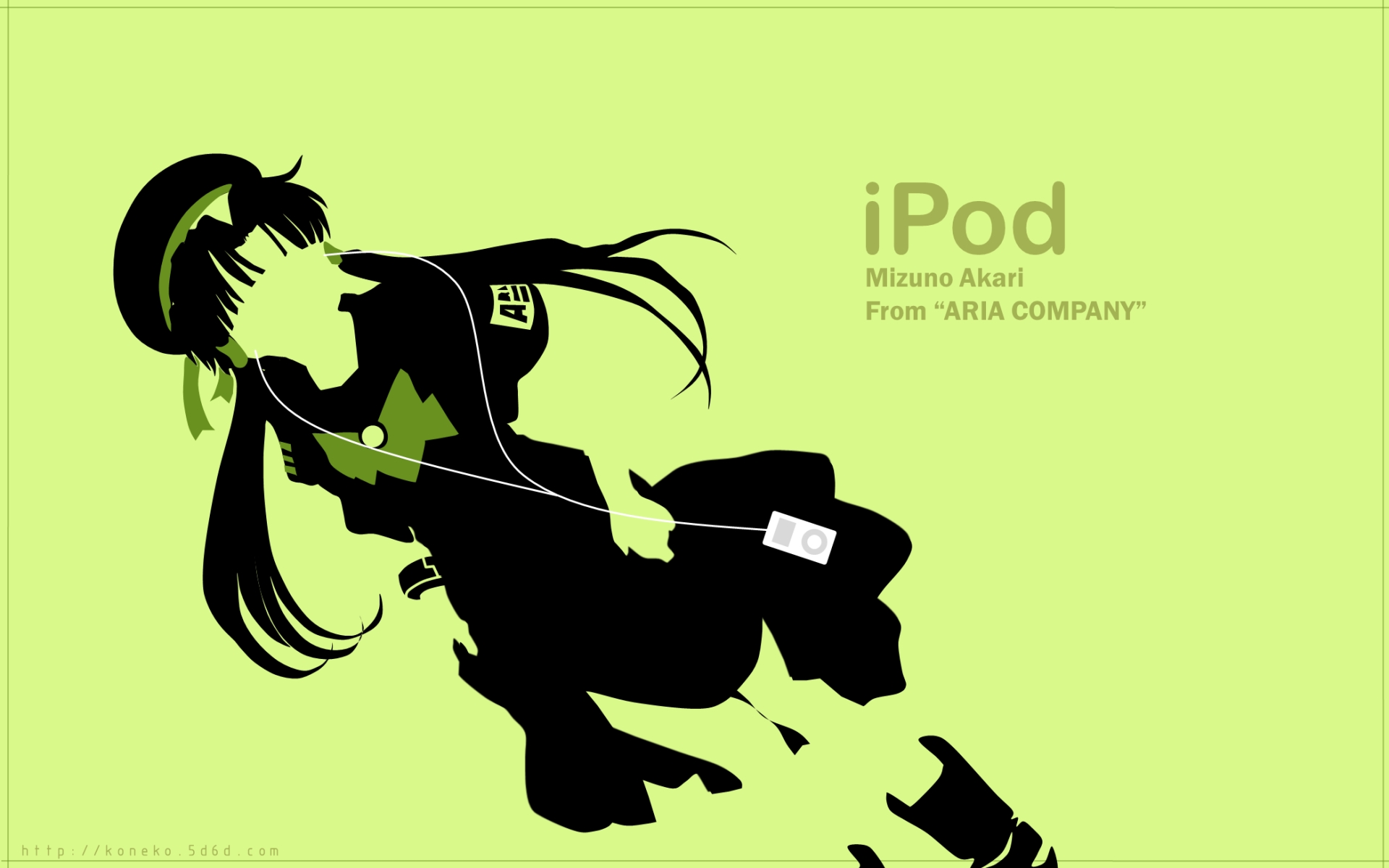 mizunashi akari, apple inc., aria (manga), highres, 00s, 1girl, character name, copyright name, dutch angle, earphones, faceless, faceless female, facing viewer, female focus, green background, green theme, ipod, ipod ad, ipod nano, ipod nano 2g, limited palette, monochrome, mp3 player, parody, product placement, short hair with long locks, silhouette, simple background, solo