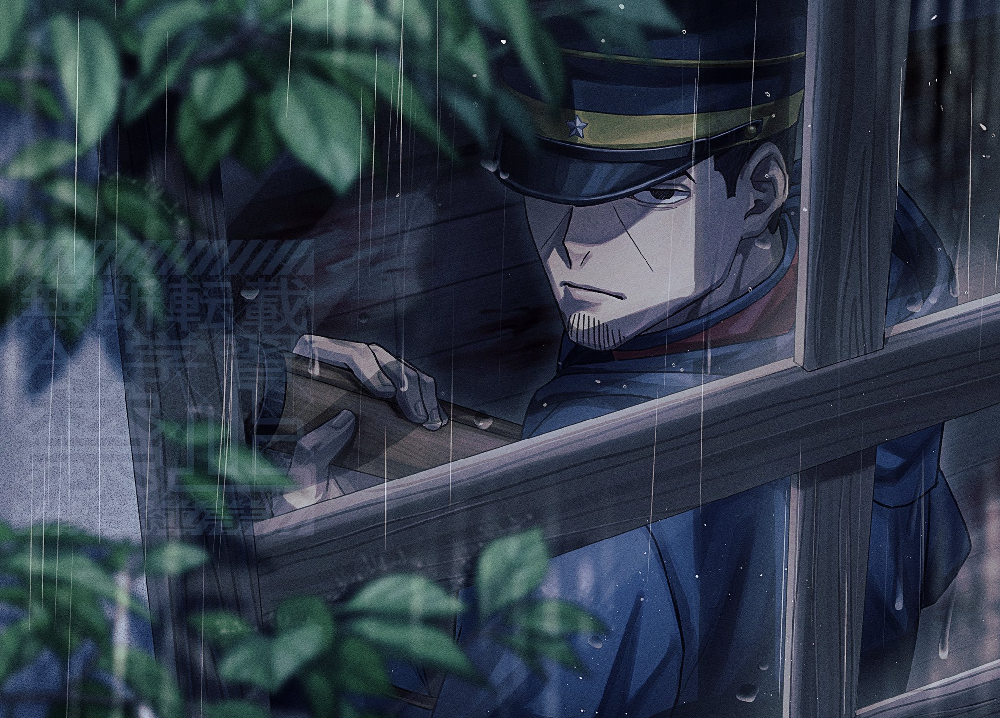 tsukishima hajime, golden kamuy, commentary, highres, symbol-only commentary, 1boy, black eyes, black hair, blue coat, book, closed mouth, coat, facial hair, goatee, hat, holding, holding book, hood, hooded coat, leaf, looking outside, male focus, peaked cap, plant, pur ple02imo, rain, short sideburns, sideburns, sitting, solo, window