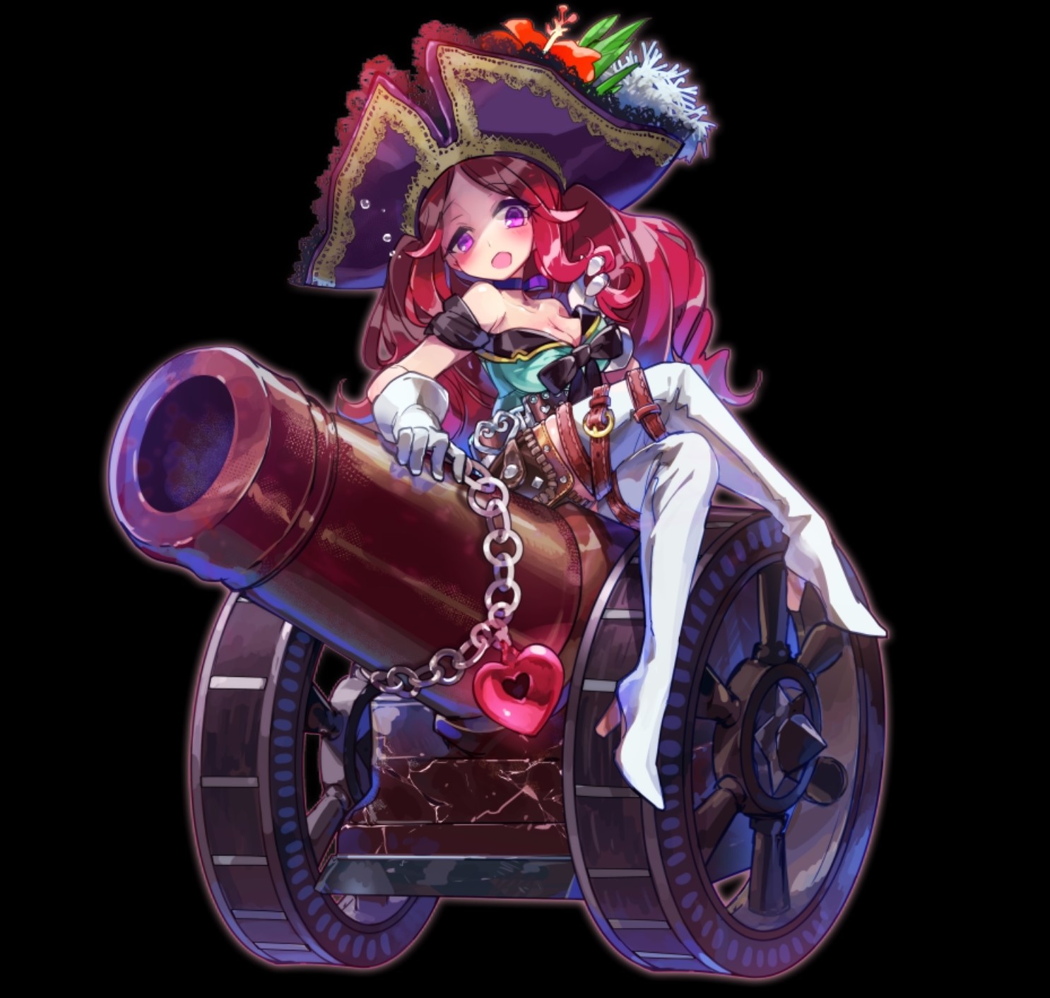 merc storia art team, merc storia, highres, official art, 1girl, bare shoulders, belt, black background, black bow, blush, boots, bow, breasts, brown belt, cannon, chain, cleavage, crossed legs, dress, drill hair, full body, gloves, green dress, hand in own hair, hat, heart, large breasts, long hair, neck ribbon, off-shoulder dress, off shoulder, open mouth, parted bangs, pink eyes, purple hat, purple ribbon, red hair, ribbon, sidelocks, simple background, sitting, solo, tachi-e, thigh belt, thigh boots, thigh strap, very long hair, vilbell (merc storia), white boots, white gloves