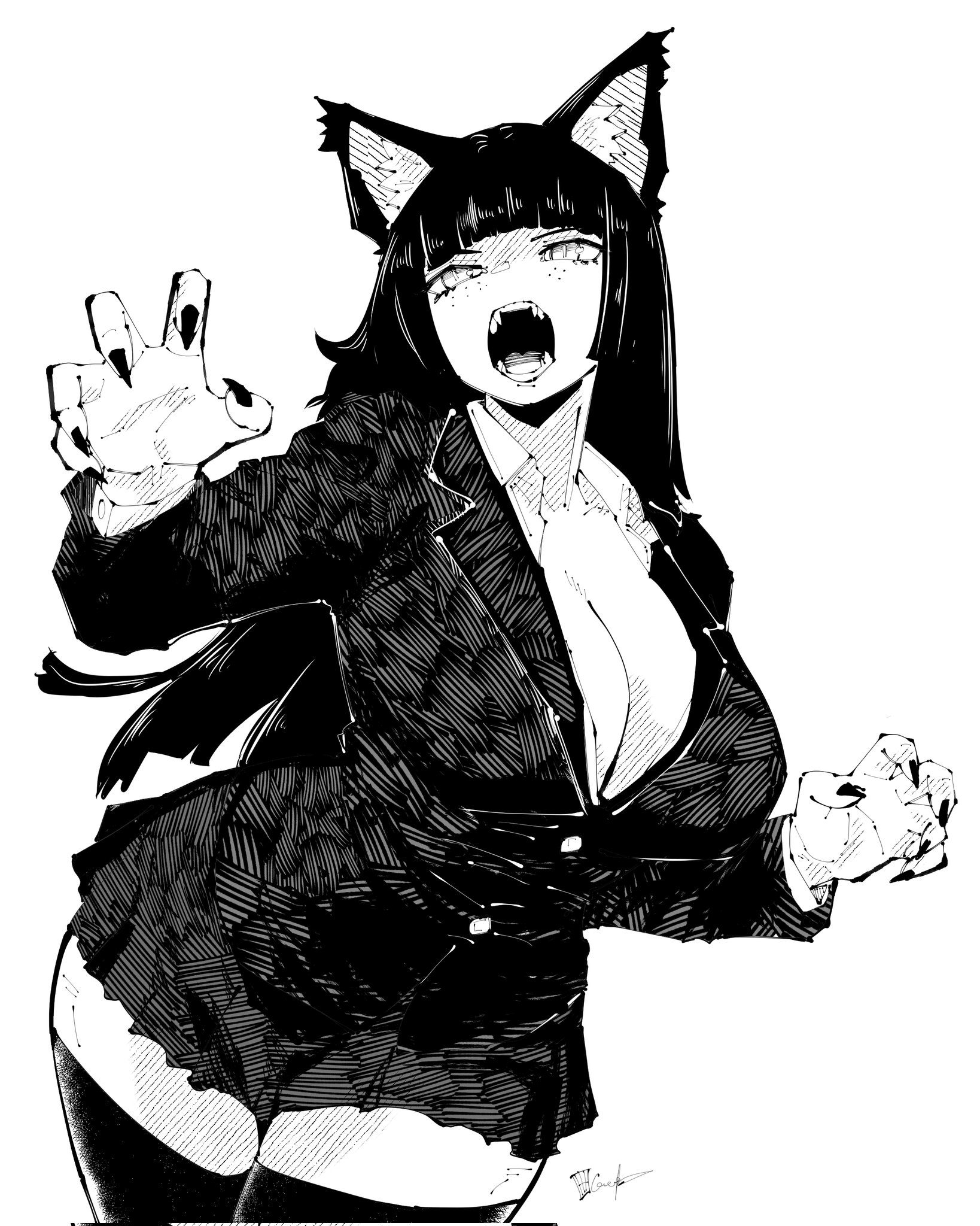miregeist, original, commentary, commission, english commentary, highres, 1girl, animal ear fluff, animal ears, blunt bangs, breasts, claw pose, cleavage, cowboy shot, fangs, fingernails, freckles, greyscale, hands up, large breasts, long hair, looking at viewer, miniskirt, monochrome, open mouth, shirt, simple background, skirt, solo, teeth, thighhighs, white background, zettai ryouiki