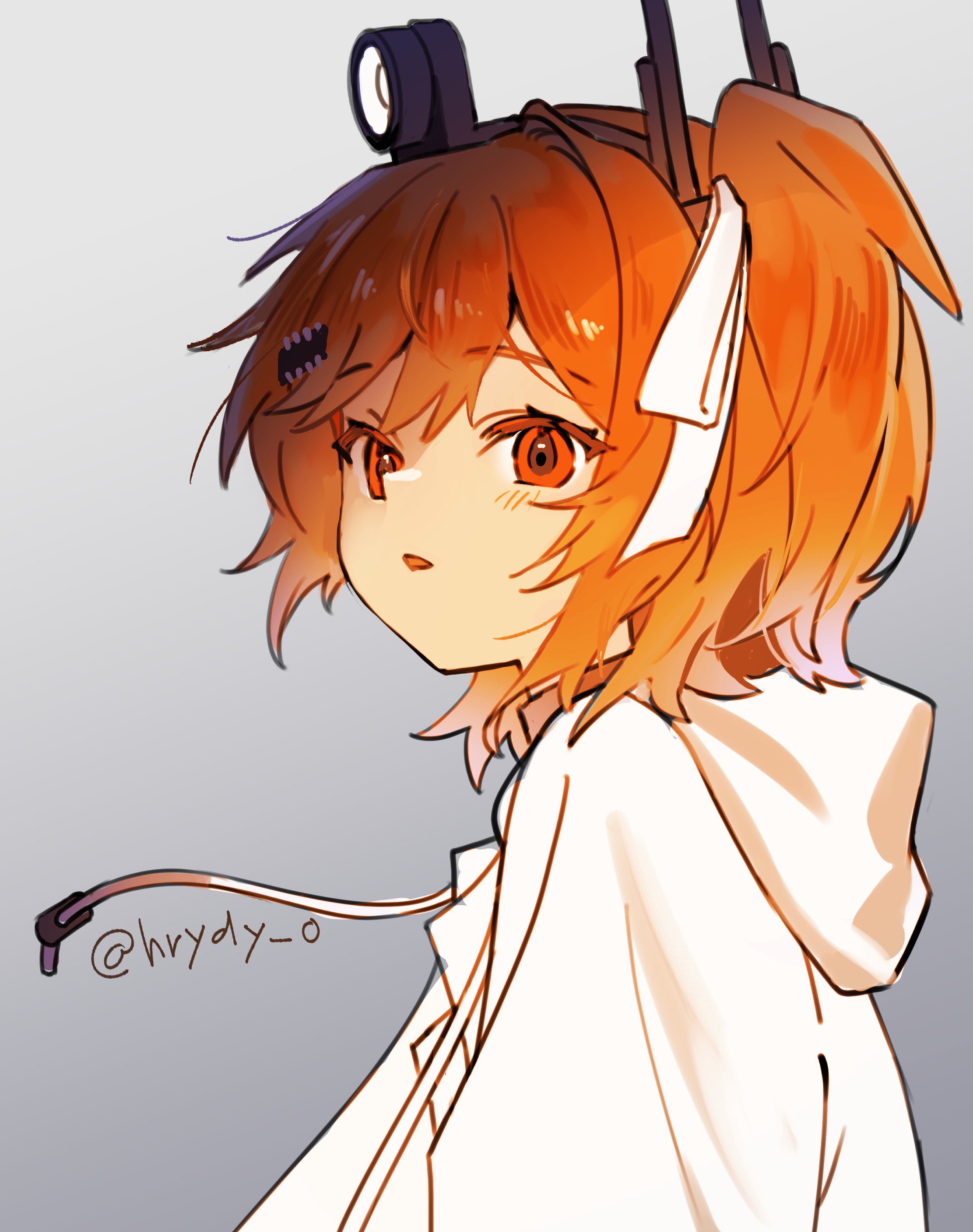 senri (hrydy o), adachi rei, a.i. voice, utau, absurdres, commentary request, highres, 1girl, cable, grey background, hair ribbon, headlamp, hood, hood down, hooded jacket, jacket, medium hair, orange eyes, orange hair, parted lips, ribbon, simple background, solo, upper body, white jacket