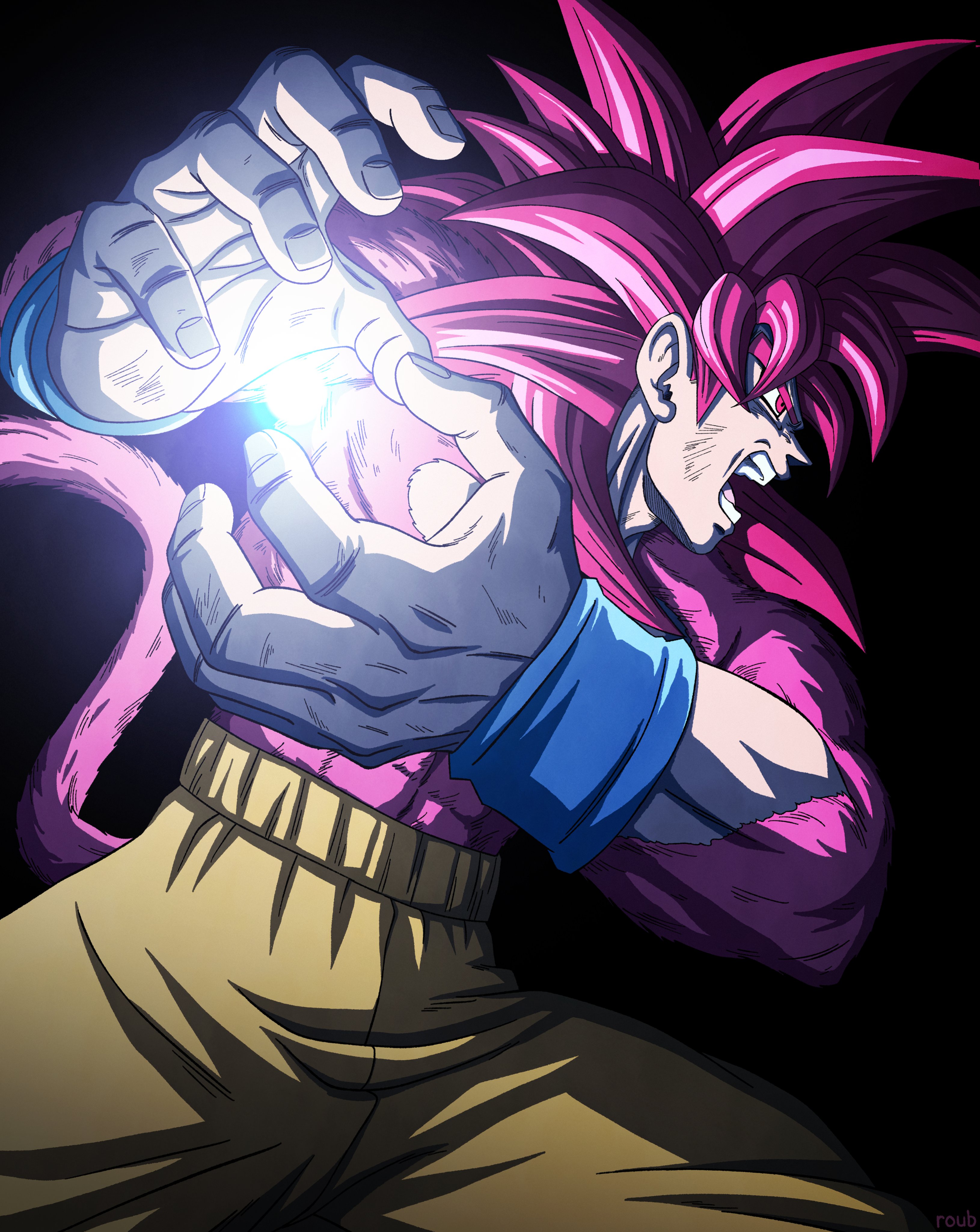 son goku, dragon ball, dragon ball daima, absurdres, commentary, english commentary, highres, 1boy, black background, body fur, kamehameha (dragon ball), long hair, male focus, monkey tail, open mouth, orange pants, pants, powering up, profile, red eyes, red fur, red hair, red tail, roub3d, simple background, solo, spiked hair, super saiyan, super saiyan 4, tail