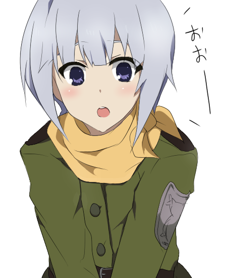 6 (yuchae), kannagi noel, sora no woto, bad id, bad pixiv id, 1girl, blush, female focus, military, military uniform, open mouth, solo, white background
