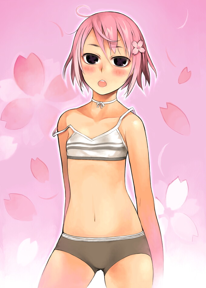 kunichika, original, 1girl, :o, bare shoulders, blush, bra, brown eyes, cherry blossoms, choker, female focus, flat chest, lingerie, navel, open mouth, panties, pink hair, short hair, solo, stomach, strap slip, underwear, underwear only