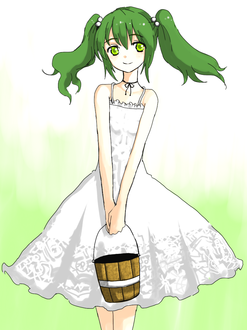 han (jackpot), kisume, touhou, 1girl, aged up, alternate costume, bucket, choker, dress, female focus, flat chest, green eyes, green hair, matching hair/eyes, smile, solo, sundress, twintails