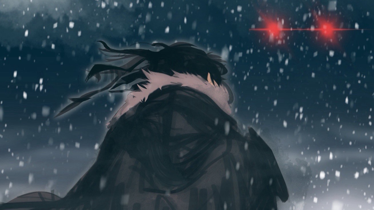 ciruo, sunny (shadow slave), shadow slave, commentary, english commentary, 1boy, black hair, black jacket, from behind, fur trim, hood, hood down, jacket, long hair, male focus, outdoors, snow, snowing, solo, upper body