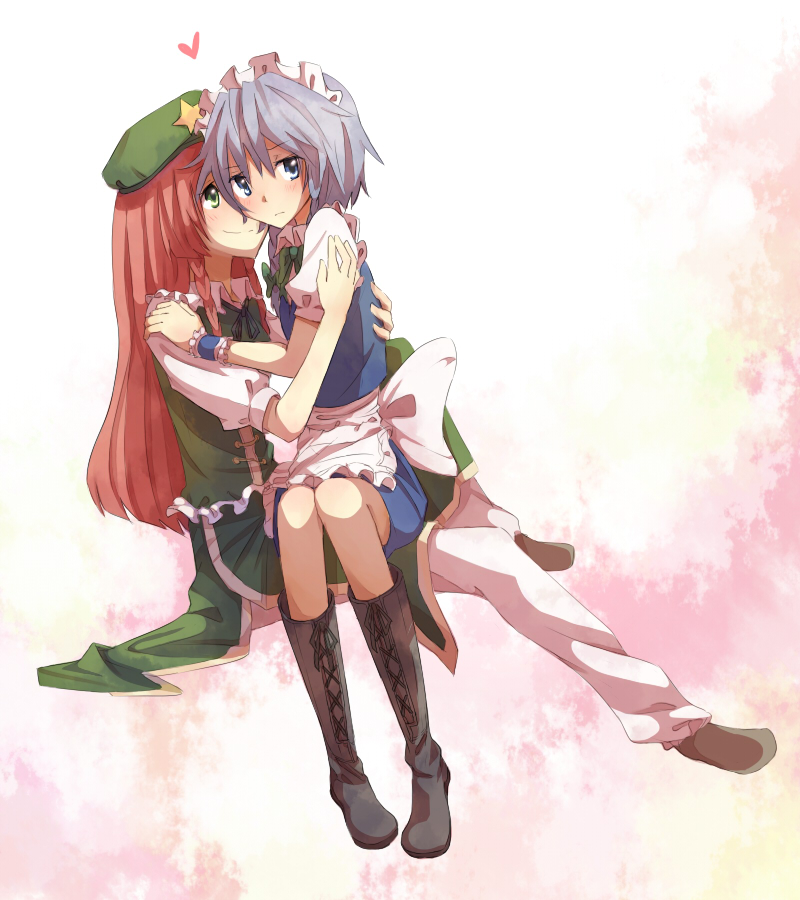 sou (tuhut), hong meiling, izayoi sakuya, embodiment of scarlet devil, touhou, bad id, bad pixiv id, 2girls, couple, female focus, hug, multiple girls, sitting, sitting on lap, sitting on person, yuri