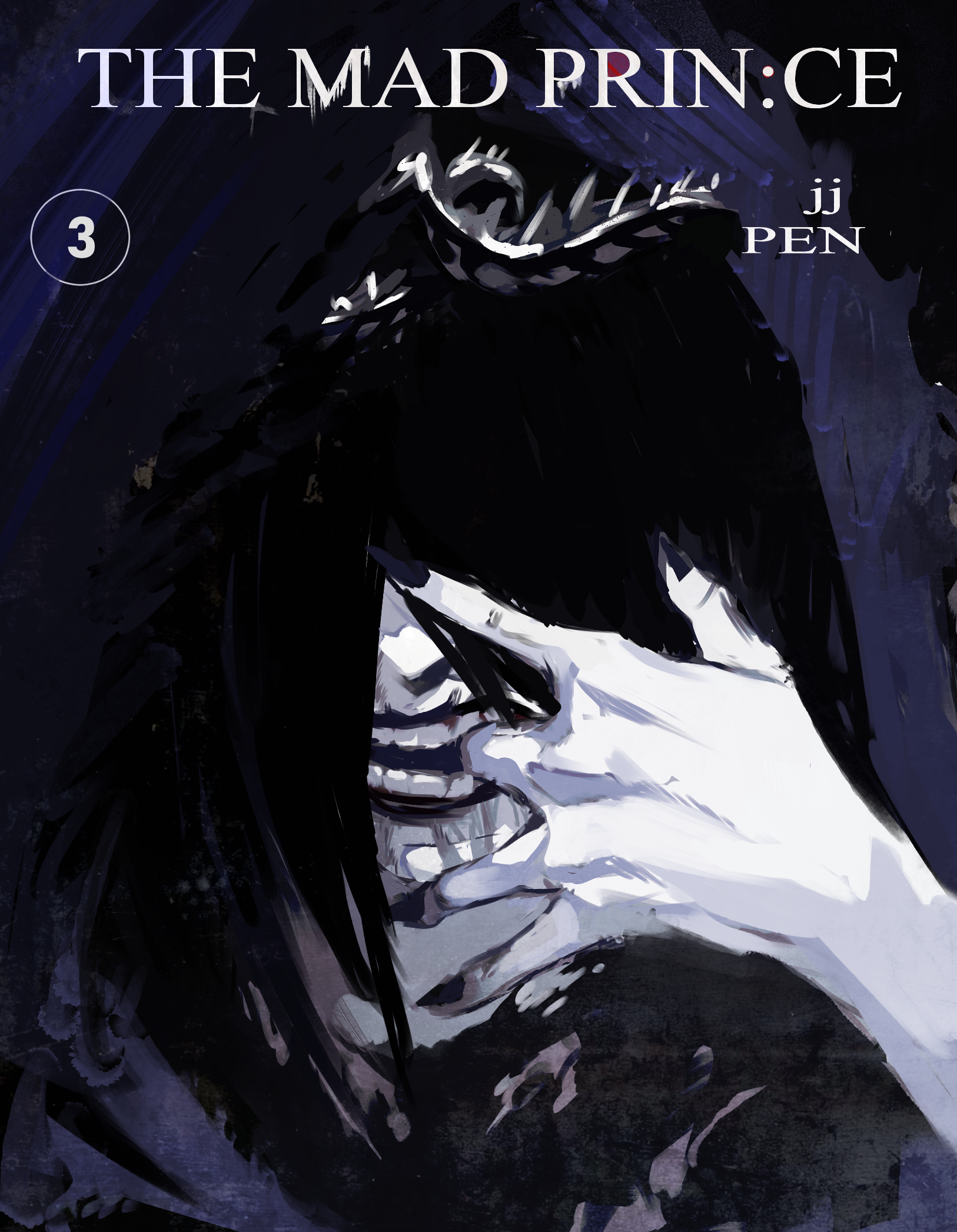 sunny (shadow slave), shadow slave, tokyo ghoul, tokyo ghoul:re, commentary, english commentary, highres, 1boy, black hair, black nails, cloak, close-up, crown, finger in own mouth, hand up, hood, hood up, hooded cloak, jiejiepen, mad prince, parody, partially shaded face, portrait, solo