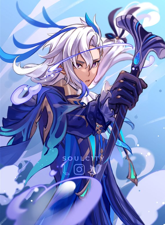 soulc1ty, neuvillette (genshin impact), genshin impact, commentary, english commentary, 1boy, :o, artist name, ascot, asymmetrical bangs, black bow, blue coat, blue eyeliner, blue gloves, blue hair, bow, cane, coat, eyeliner, floating hair, frilled sleeves, frills, gloves, gold trim, hair between eyes, hair bow, hair ornament, holding, holding cane, instagram logo, lapels, long hair, long sleeves, looking at viewer, low-tied long hair, makeup, male focus, multicolored hair, open mouth, outstretched arm, parted bangs, pointy ears, purple eyes, sleeve cuffs, solo, standing, streaked hair, twitter logo, very long hair, white ascot, white hair