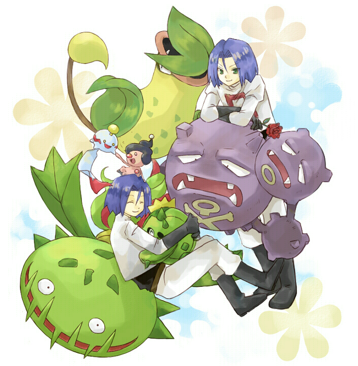 usao (313131), cacnea, carnivine, chimecho, james (pokemon), mime jr., victreebel, weezing, nintendo, pokemon, pokemon (anime), bad id, bad pixiv id, 2boys, blue hair, boots, clothes writing, dual persona, flower, gen 1 pokemon, gen 3 pokemon, gen 4 pokemon, gloves, green eyes, male focus, multiple boys, pokemon (creature), rose, short hair, team rocket, time paradox