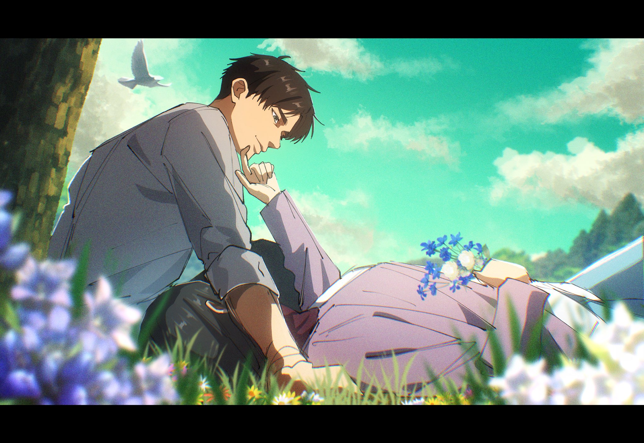 35ohama yu, eren yeager, mikasa ackerman, shingeki no kyojin, commentary request, highres, 1boy, 1girl, bird, black hair, blue flower, blue sky, brown hair, cardigan, closed mouth, cloud, cloudy sky, flower, from side, grass, grey shirt, looking at another, lying, on back, open cardigan, open clothes, outdoors, pink cardigan, profile, purple flower, red scarf, scarf, shirt, short hair, sitting, sky, smile, tree, under tree
