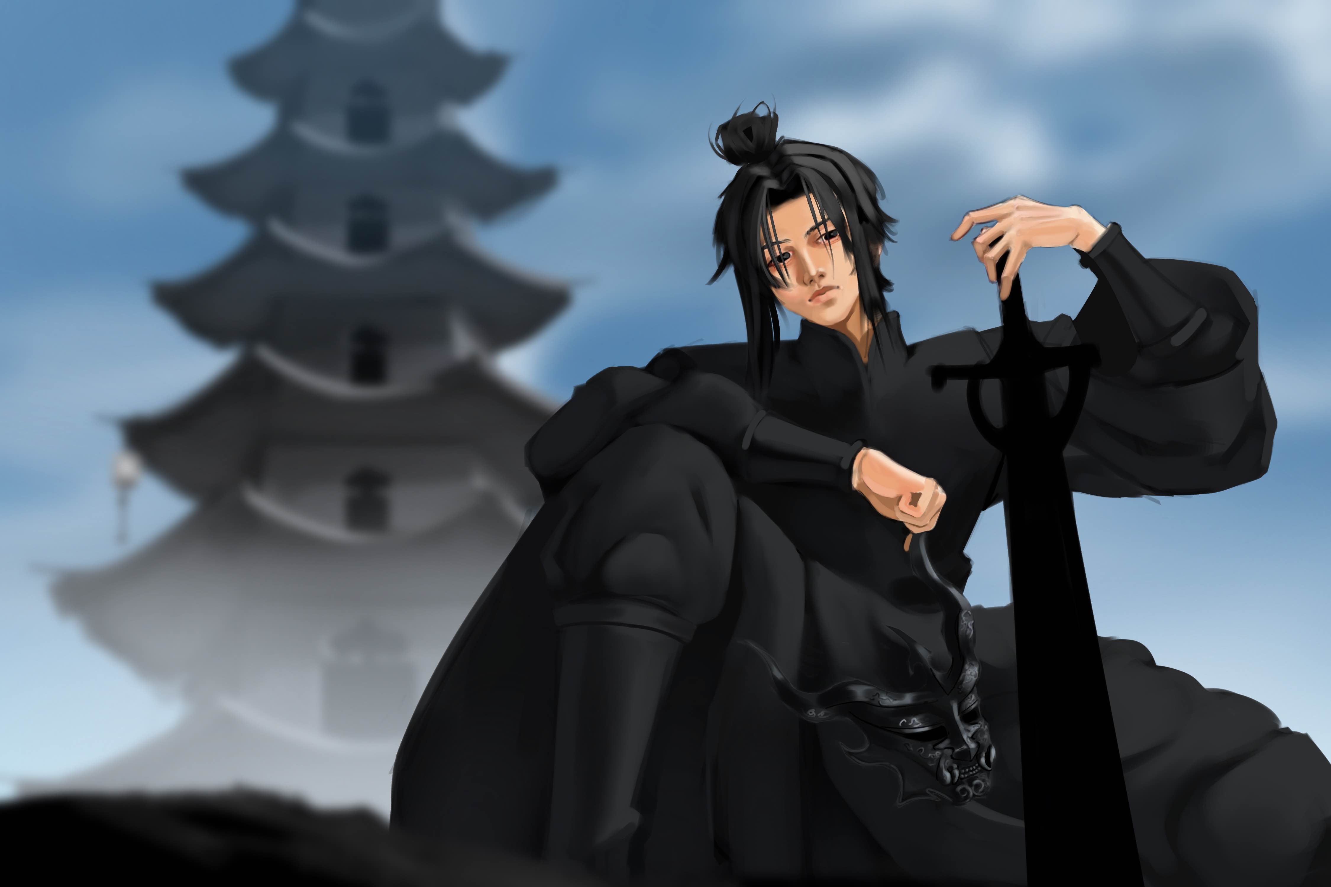 sunny (shadow slave), shadow slave, absurdres, commentary, english commentary, highres, 1boy, black robe, black tunic, elbow on knee, expressionless, feet out of frame, from below, hair bun, head tilt, holding, holding sword, holding weapon, long sidelocks, looking at viewer, male focus, miles120, planted, planted sword, planted weapon, robe, shoulder pads, sidelocks, solo, standing, sword, tower, tunic, weapon
