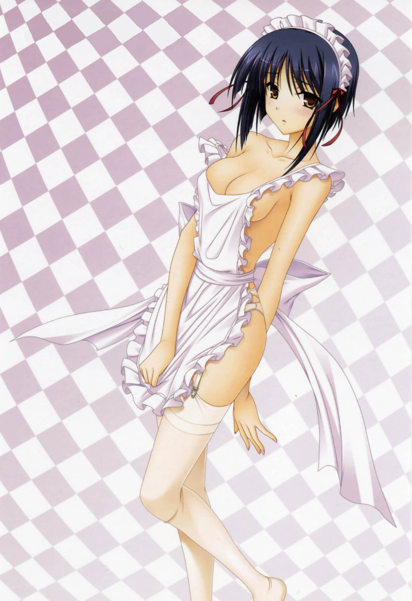komori kei, fujikura yuu, princess lover, highres, 1girl, apron, apron tug, arm behind back, black hair, breasts, brown eyes, checkered background, feet out of frame, female focus, garter belt, garter straps, maid headdress, naked apron, no bra, no shoes, panties, short hair, short hair with long locks, small breasts, solo, standing, strap slip, thighhighs, underwear, white apron, white panties, white thighhighs