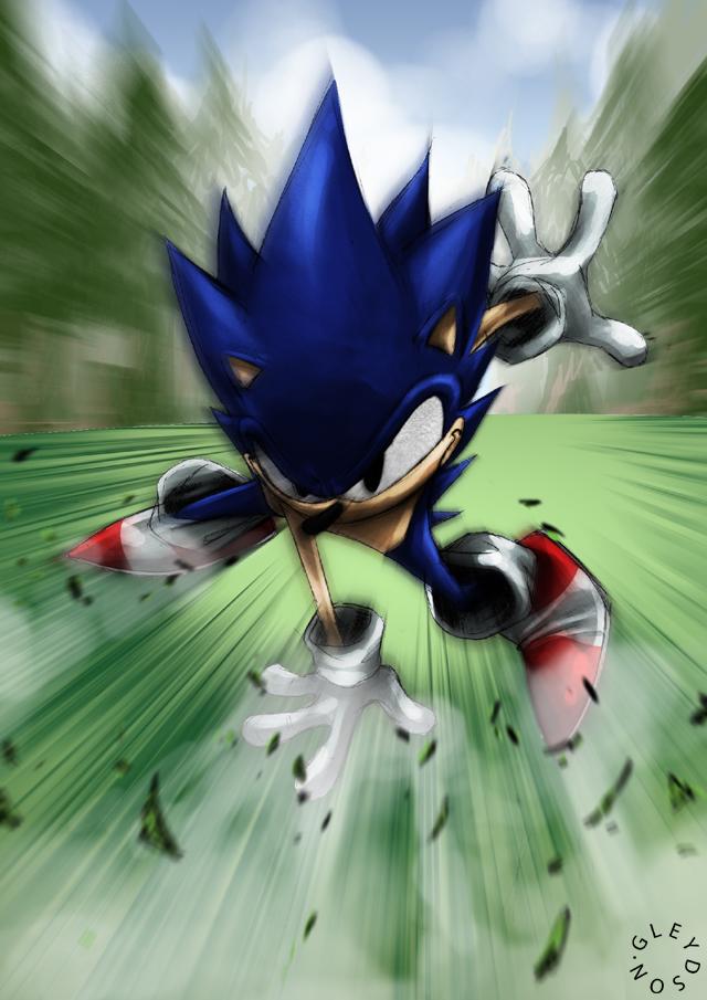 gureiduson, sonic the hedgehog, sonic (series), action, battle, blue hair, fighting, fighting stance, furry, furry male, grass, solo