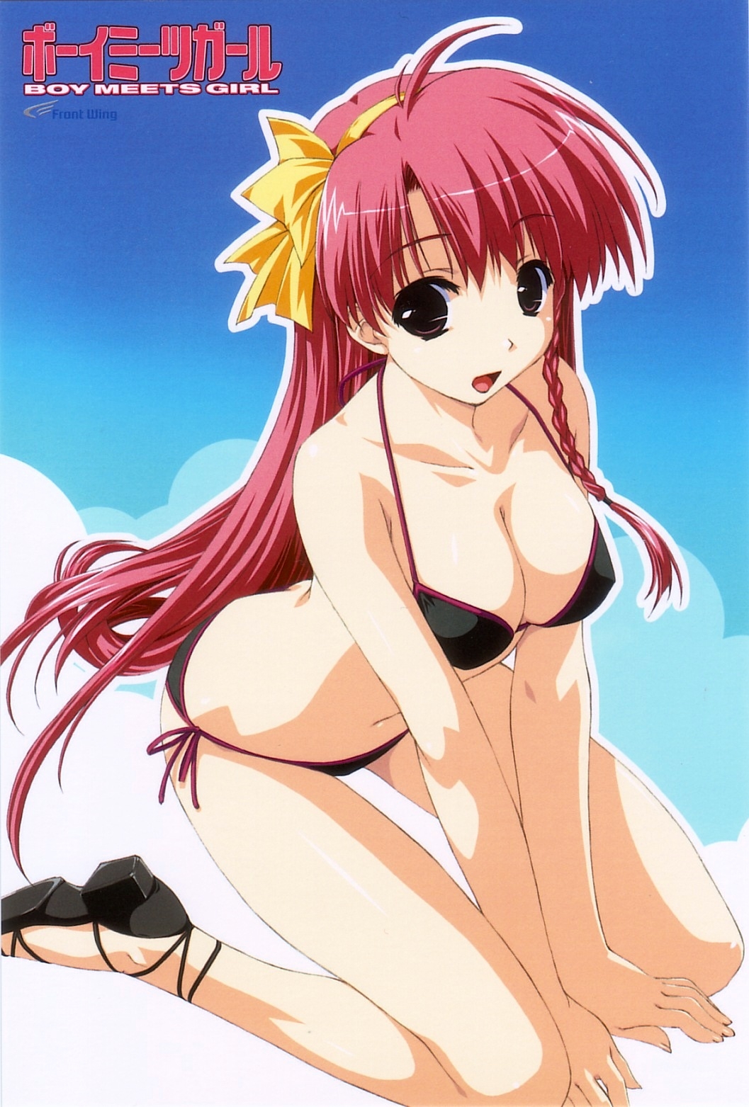 shintarou, tsubasa miu, boy meets girl, highres, 1girl, bikini, black bikini, braid, breasts, cleavage, female focus, large breasts, long hair, navel, red hair, sandals, shoes, side braid, solo, swimsuit, very long hair