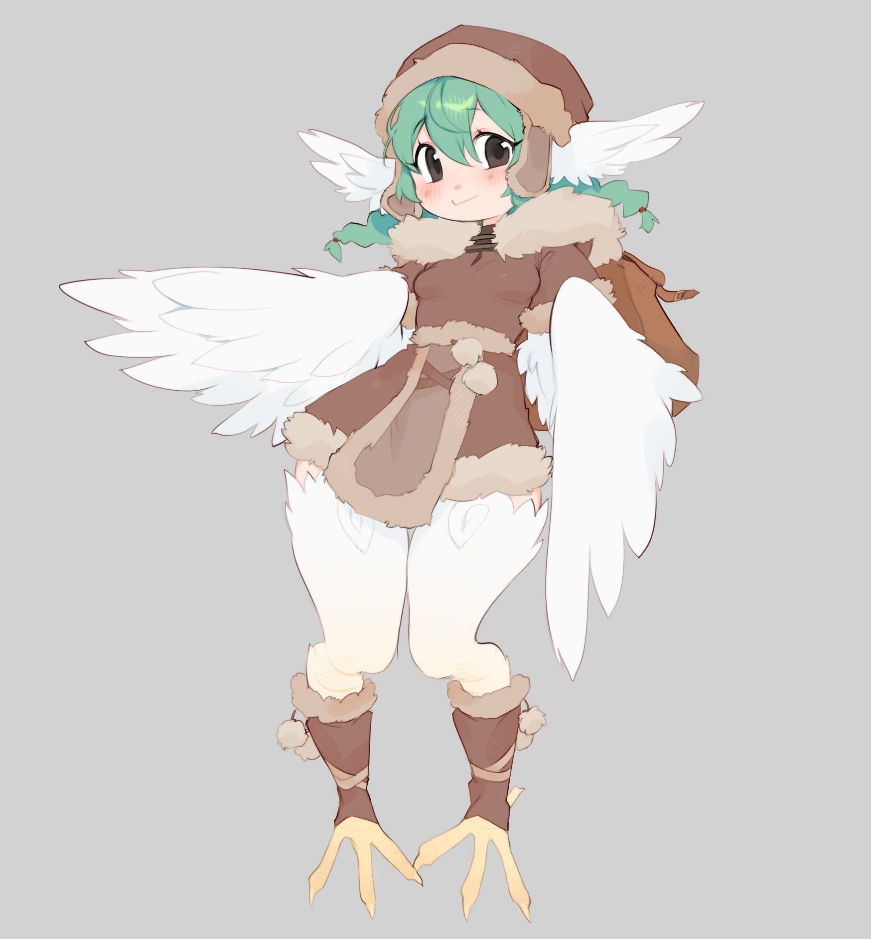 niniidawns, birb (niniidawns), original, commentary, english commentary, highres, 1girl, bird legs, bird tail, blush, braid, breasts, brown dress, brown eyes, brown hat, chicken girl, dress, feathered wings, feathers, fur trim, green hair, grey background, hair between eyes, harpy, hat, head wings, long hair, looking at viewer, monster girl, small breasts, smile, solo, tail, talons, twin braids, white feathers, white wings, wide hips, wing ears, winged arms, wings