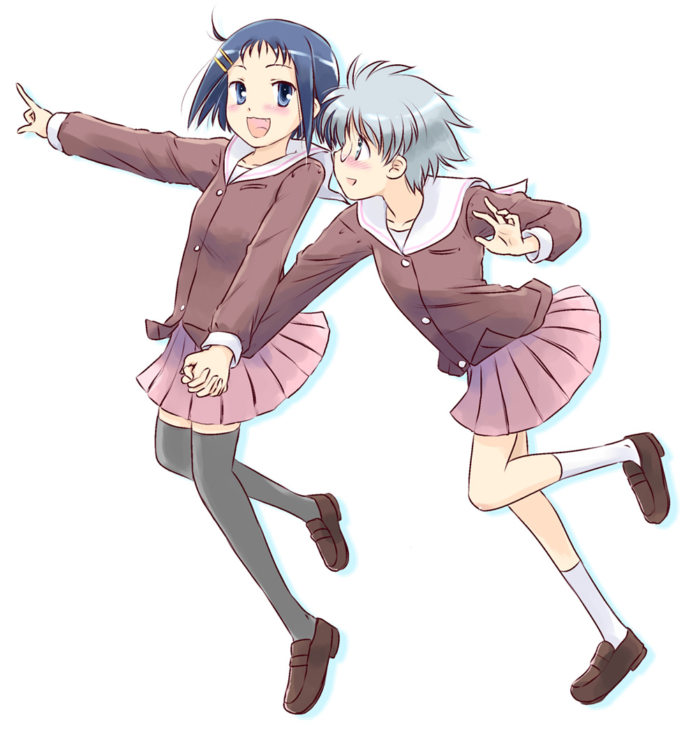 ikeda kana, yoshitome miharu, saki (manga), silver hair, 2girls, blue eyes, blue hair, fang, glasses, grey eyes, multiple girls, school uniform, serafuku, thighhighs, winter uniform