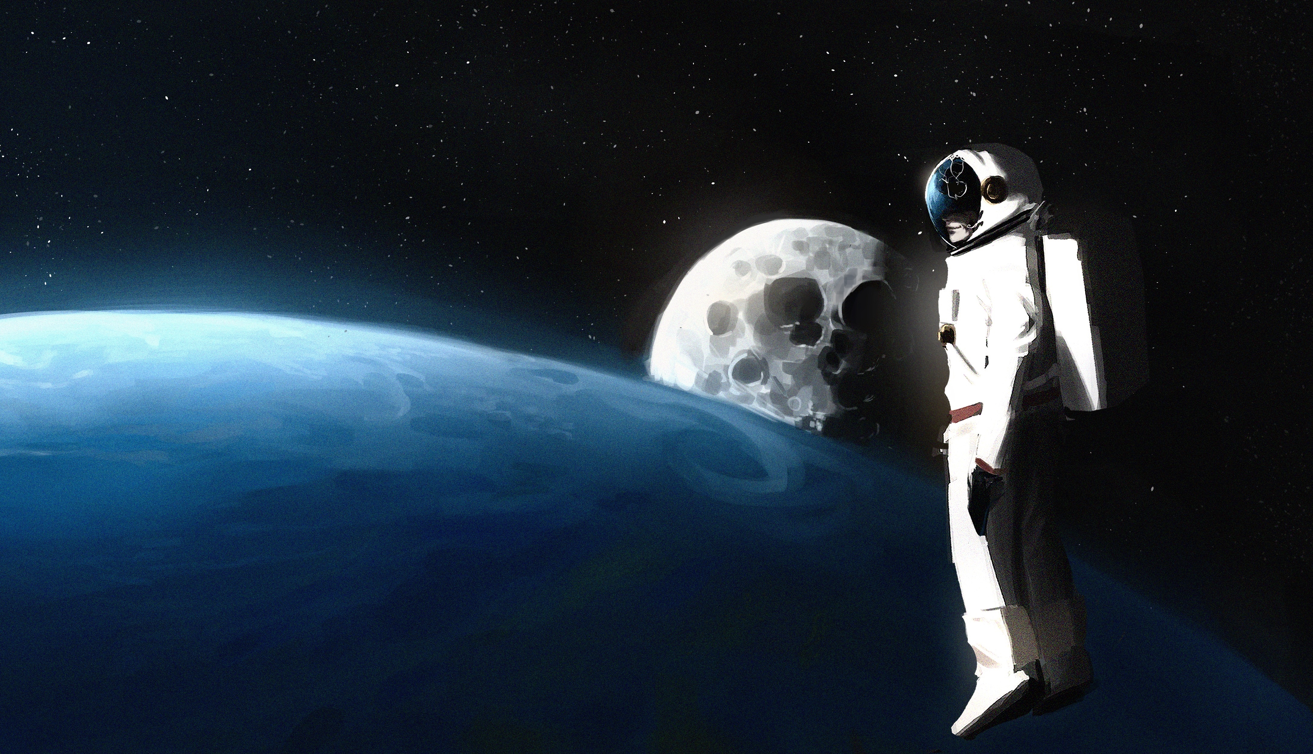 asterion (shadow slave), shadow slave, absurdres, bad link, highres, 1other, ambiguous gender, astronaut, atmospheric layer, crack, cracked glass, floating, full body, gloxartx, helmet, moon, other focus, planet, sky, solo, space, space helmet, spacesuit, star (sky), starry sky