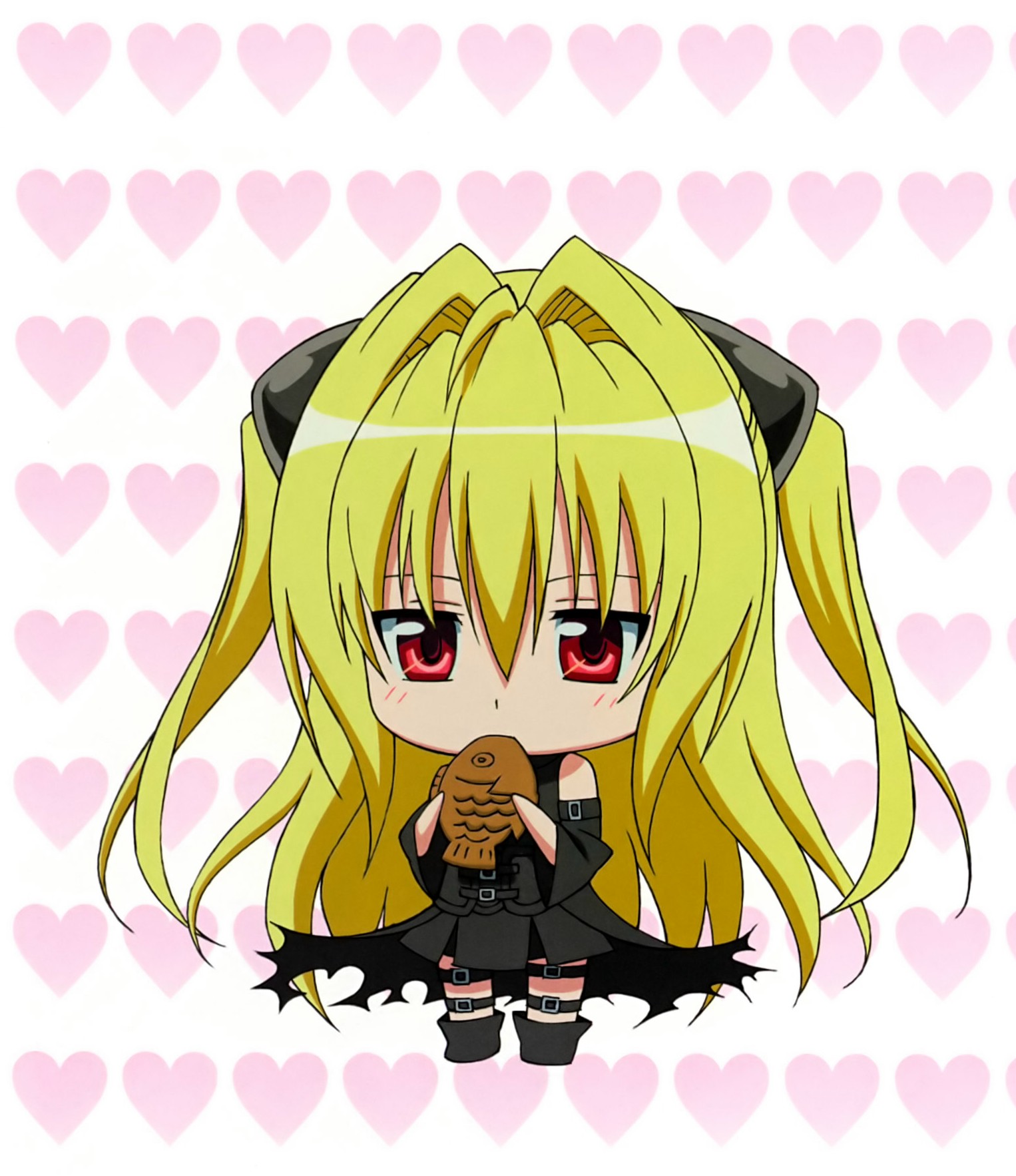 konjiki no yami, to love-ru, highres, blonde hair, chibi, food, solo, taiyaki, thigh strap, wagashi