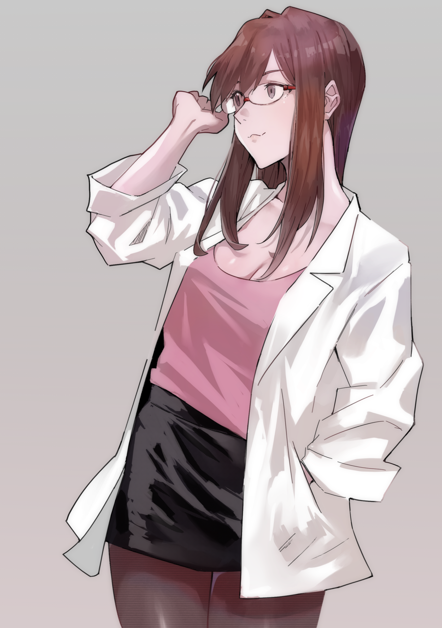 yagisawa teru, makinami mari illustrious, evangelion: 3.0+1.0 thrice upon a time, neon genesis evangelion, rebuild of evangelion, commentary request, highres, 1girl, black skirt, brown eyes, brown hair, brown pantyhose, closed mouth, cowboy shot, eyelashes, glass, grey background, hand in pocket, jacket, long hair, long sleeves, open clothes, open jacket, pantyhose, pink shirt, shirt, simple background, skirt, smile, solo, white jacket