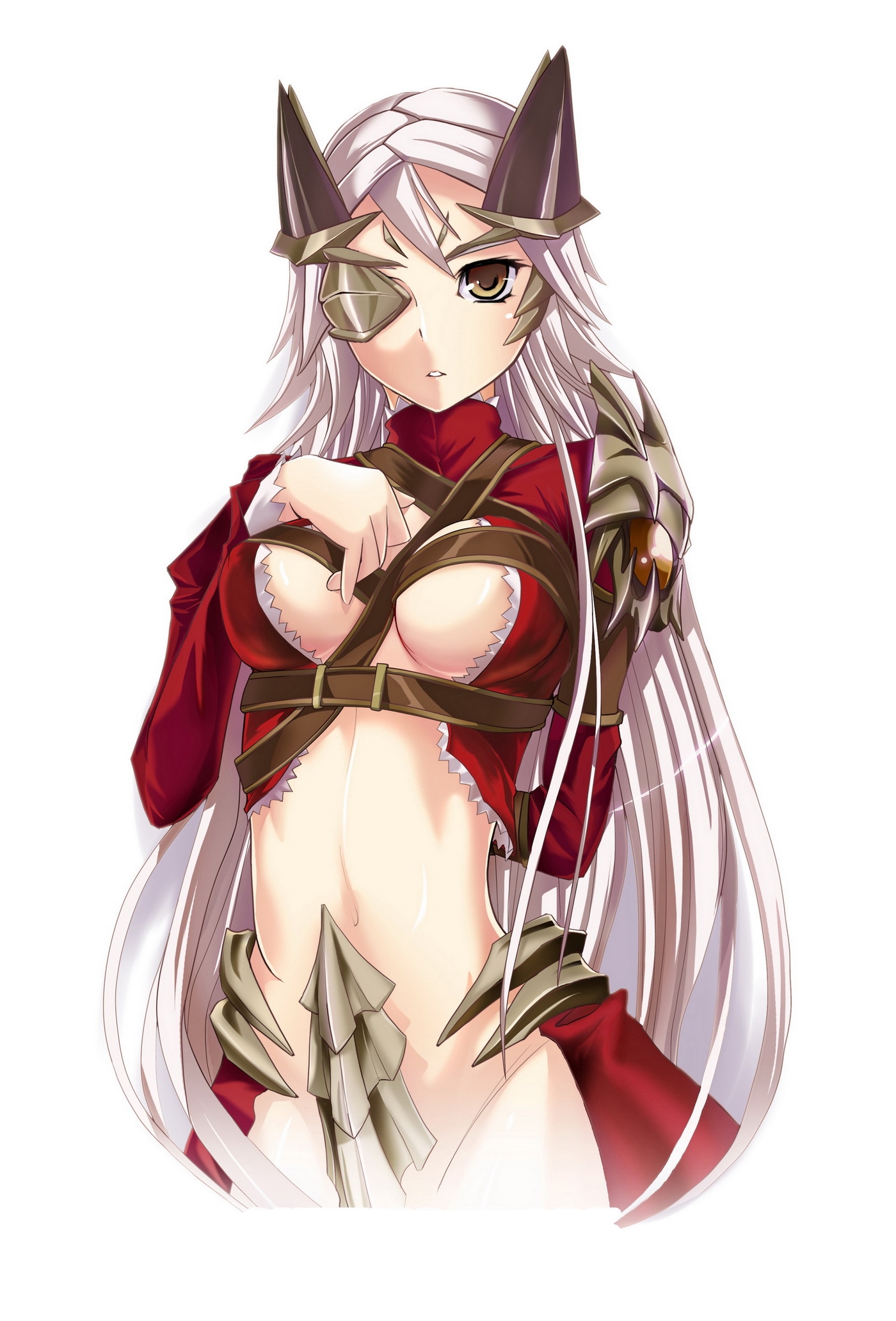 asskiler, aldra (queen's blade), queen aldra, hobby japan, queen's blade, queen's blade lost worlds, silver hair, bad id, bad pixiv id, highres, md5 mismatch, 1girl, belt bra, eyepatch, female focus, revealing clothes, solo