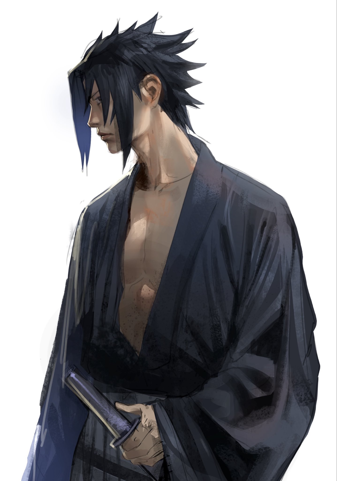 tinh daubuoi, uchiha sasuke, naruto (series), highres, 1boy, black hair, closed mouth, holding, holding sheath, japanese clothes, katana, lips, male focus, nose, sheath, sheathed, short hair, simple background, solo, sword, weapon, white background