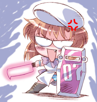 tsumagomi izumo, ryuuguu rena, gundam, higurashi no naku koro ni, lowres, 1girl, anger vein, angry, billhook, boots, brown boots, chibi, fang, female focus, hashitsuki nata, hatchet, nata (tool), parody, shield, solo