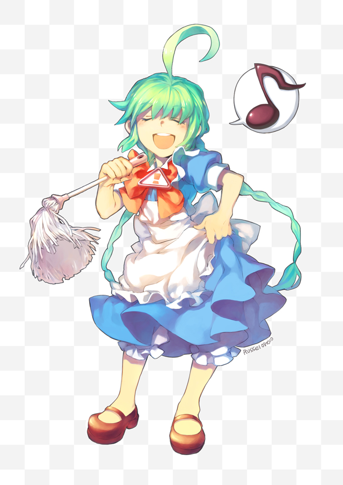 hakou (barasensou), me-tan, os-tan, bad id, bad pixiv id, !, 1girl, ahoge, braid, closed eyes, dress, duster, female focus, green hair, mary janes, musical note, open mouth, quaver, shoes, solo, speech bubble, spoken musical note, twin braids