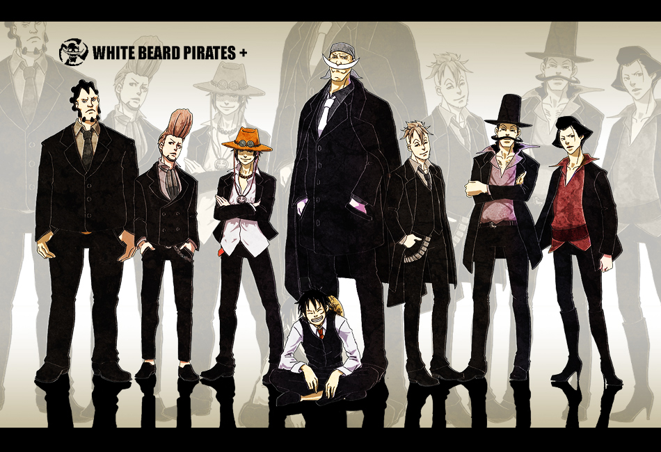 pon (puppupon), edward newgate, flower sword vista, izou (one piece), jozu (one piece), marco (one piece), monkey d. luffy, portgas d. ace, thatch (one piece), one piece, bad id, bad pixiv id, 6+boys, averting eyes, bandana, beads, beard, belt, black facial hair, boots, english text, everyone, facial hair, formal clothes, ghost in the shell lineup, grey bandana, hat, hat on back, head tilt, high heels, jacket, letterboxed, lineup, long mustache, male focus, multiple boys, mustache, necktie, pirate, sad, shoes, smile, smiley face, straw hat, suit, top hat, vest, waistcoat, white facial hair