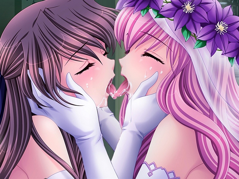 2girls, blush, closed eyes, dress, elbow gloves, french kiss, gloves, hand on another's face, hands on another's face, kiss, long hair, multiple girls, pink hair, saliva, tongue, veil, wedding dress, yuri