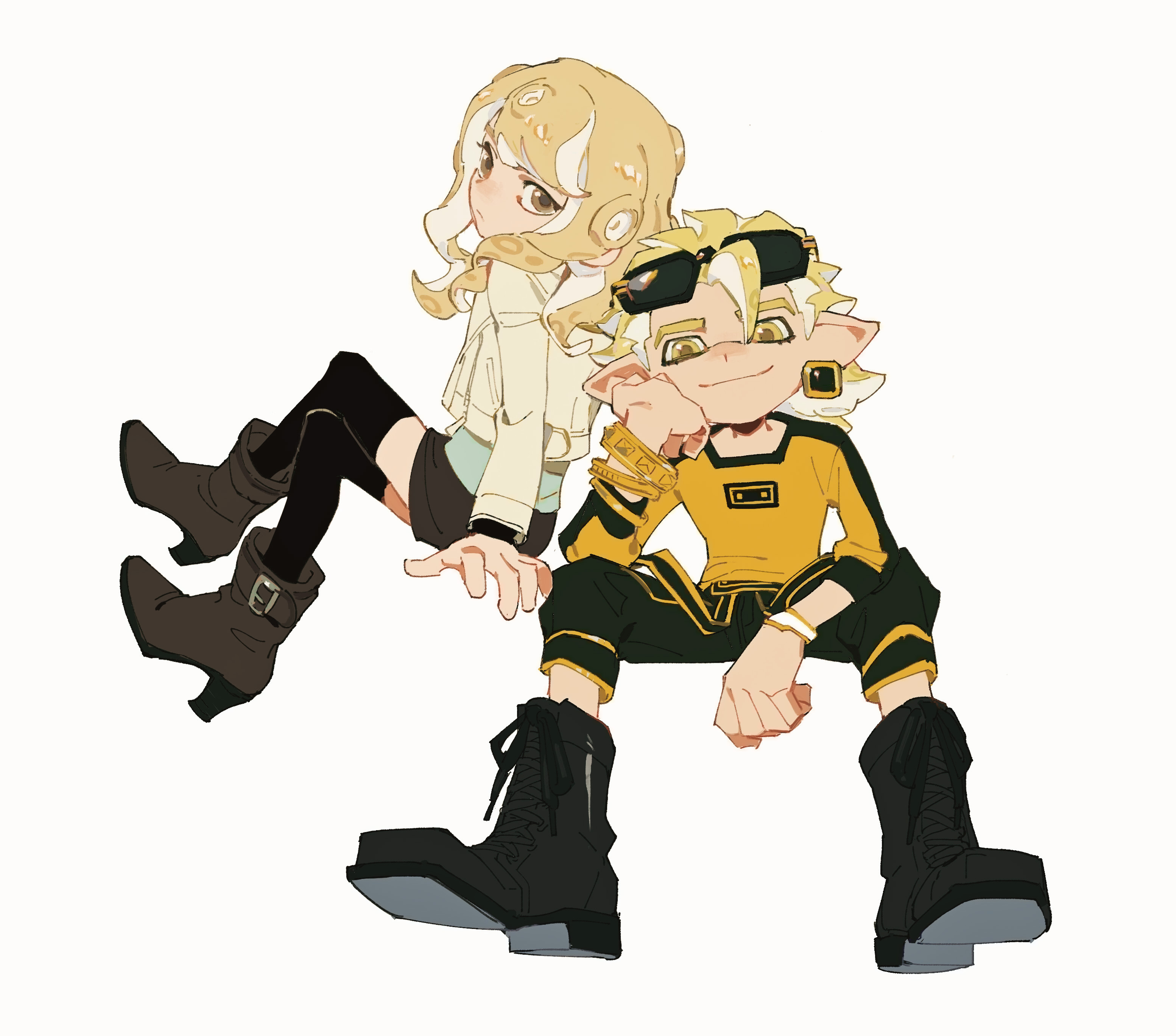 creamyghost, karina lyle, ryan goldsmith, nintendo, splatoon (series), tiger & bunny, absurdres, commentary request, highres, 1boy, 1girl, black-framed eyewear, black boots, black pants, black skirt, black thighhighs, blonde hair, blue shirt, boots, bracelet, brown eyes, brown hair, closed mouth, earrings, eyelashes, eyewear on head, gold bracelet, hair between eyes, hand on own face, head rest, high heel boots, high heels, inkling, jacket, jewelry, long hair, long sleeves, multiple bracelets, octoling, pants, pointy ears, shirt, short hair, simple background, sitting, skirt, smile, sunglasses, tentacle hair, thighhighs, white background, white jacket, white shirt, yellow eyes