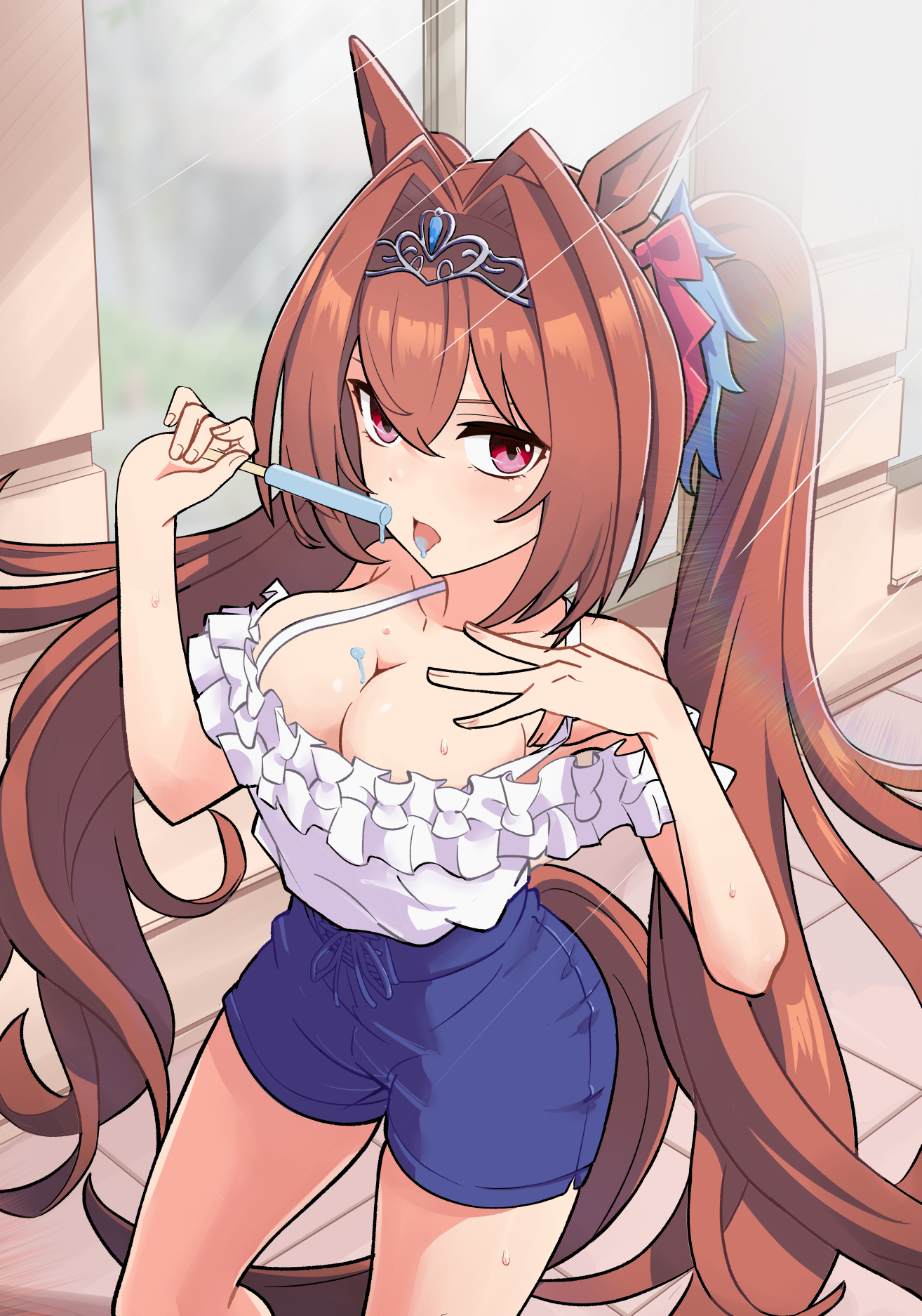 oxymoron 0213, daiwa scarlet (casual) (umamusume), daiwa scarlet (umamusume), umamusume, commentary request, highres, 1girl, adapted costume, animal ears, bare shoulders, breasts, brown hair, casual, cleavage, collarbone, cowboy shot, dripping, food, food on body, food on breasts, frills, hair intakes, holding, holding food, holding popsicle, horse ears, horse girl, horse tail, large breasts, lens flare, long hair, looking at viewer, looking up, melting popsicle, pink eyes, popsicle, red eyes, road, shorts, solo, street, sunlight, sweatdrop, tail, tiara, twintails, very long hair