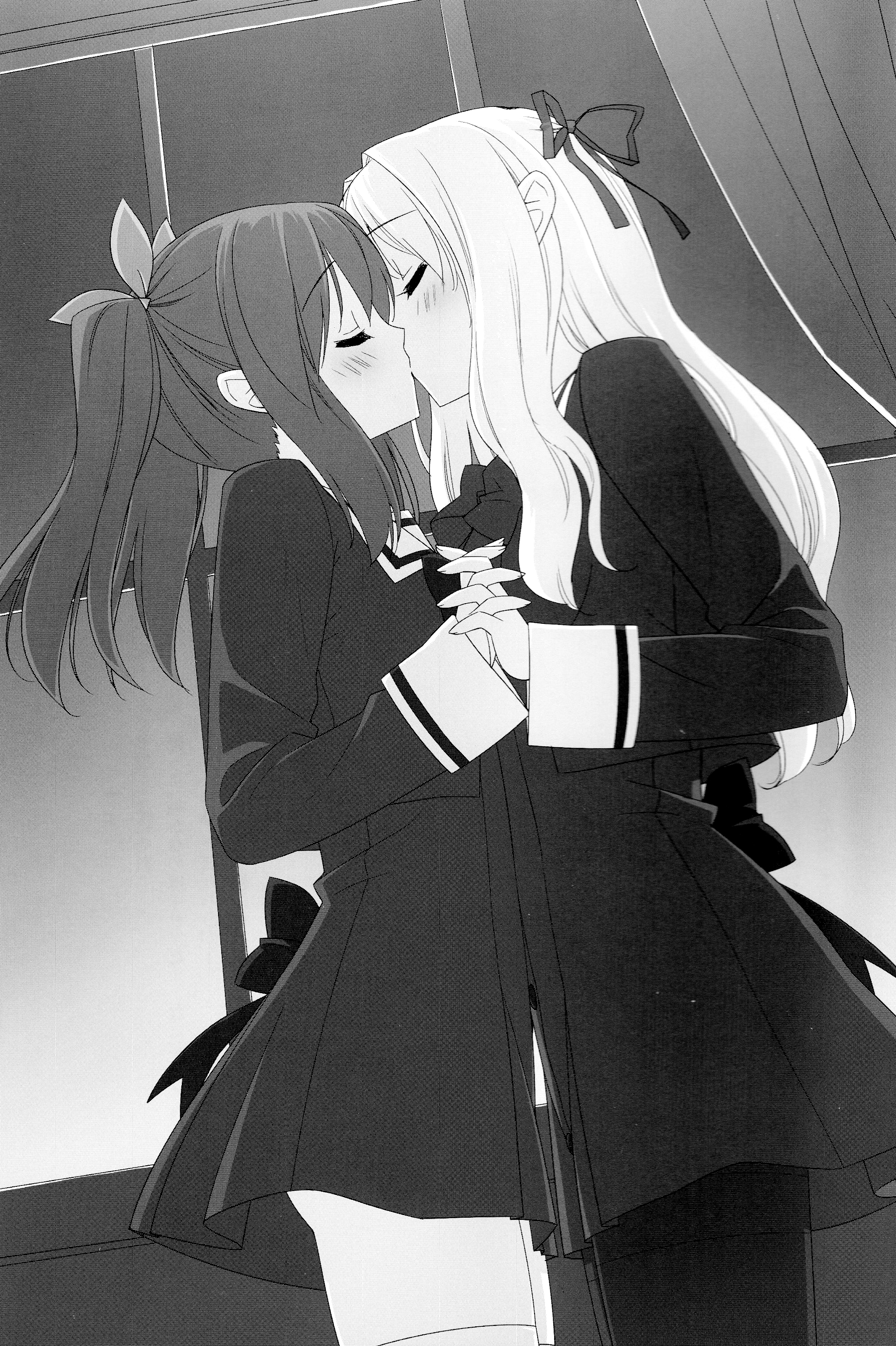 kani biimu, matsubara yuuna, oda nanami, sono hanabira ni kuchizuke wo, absurdres, highres, scan, 2girls, blush, closed eyes, couple, female focus, greyscale, hair ribbon, interlocked fingers, kiss, long hair, monochrome, multiple girls, pantyhose, ribbon, school uniform, thighhighs, yuri