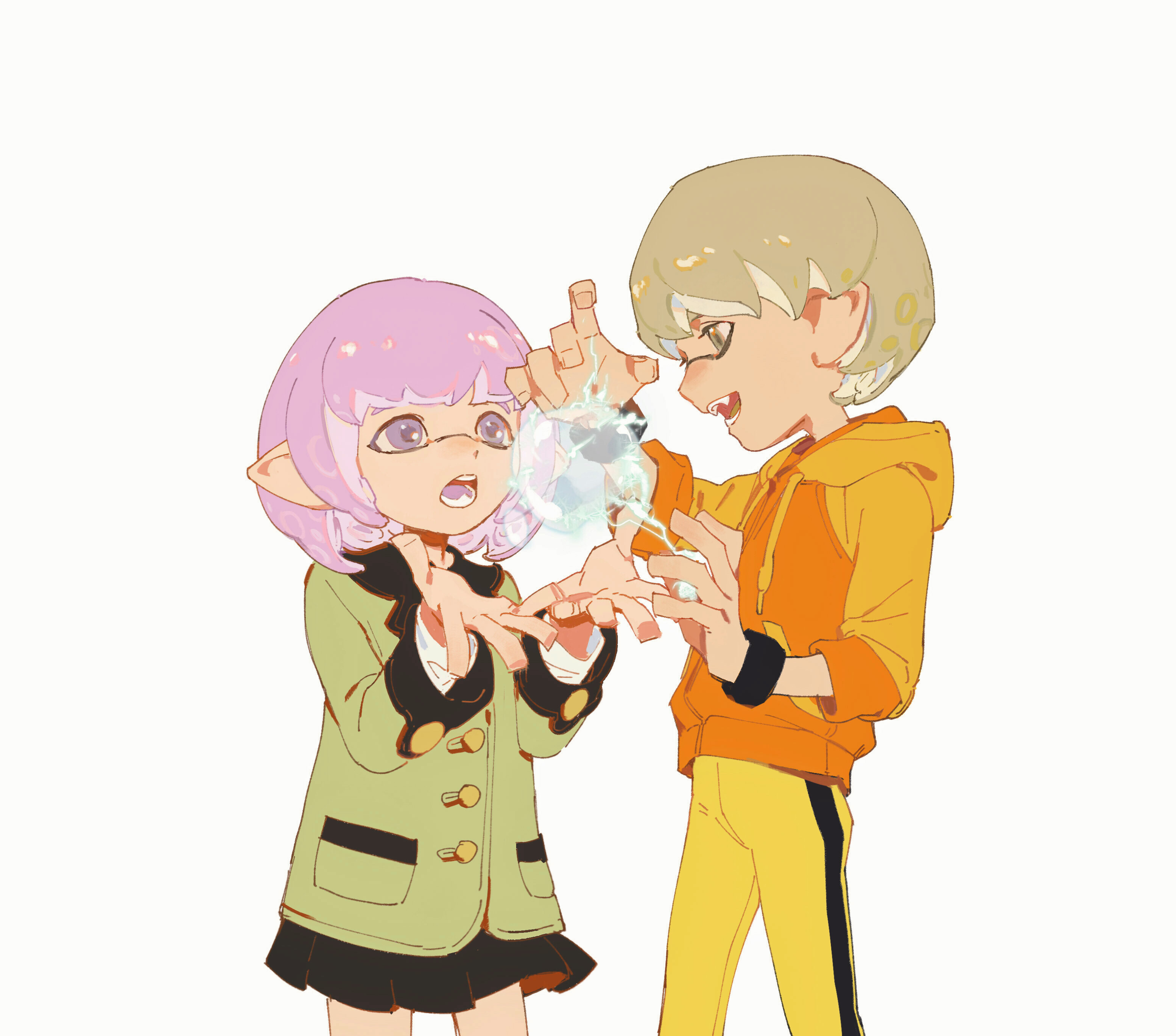 creamyghost, huang pao-lin, nintendo, splatoon (series), tiger & bunny, absurdres, commentary request, highres, 2girls, androgynous, black skirt, blonde hair, bracelet, brown eyes, brown jacket, electricity, electrokinesis, hood, hood down, hoodie, inkling, jacket, jewelry, lara tchaikoskaya, long sleeves, multiple girls, open mouth, orange hoodie, pants, pointy ears, purple eyes, purple hair, reverse trap, short hair, simple background, skirt, teeth, tomboy, very short hair, white background, yellow pants