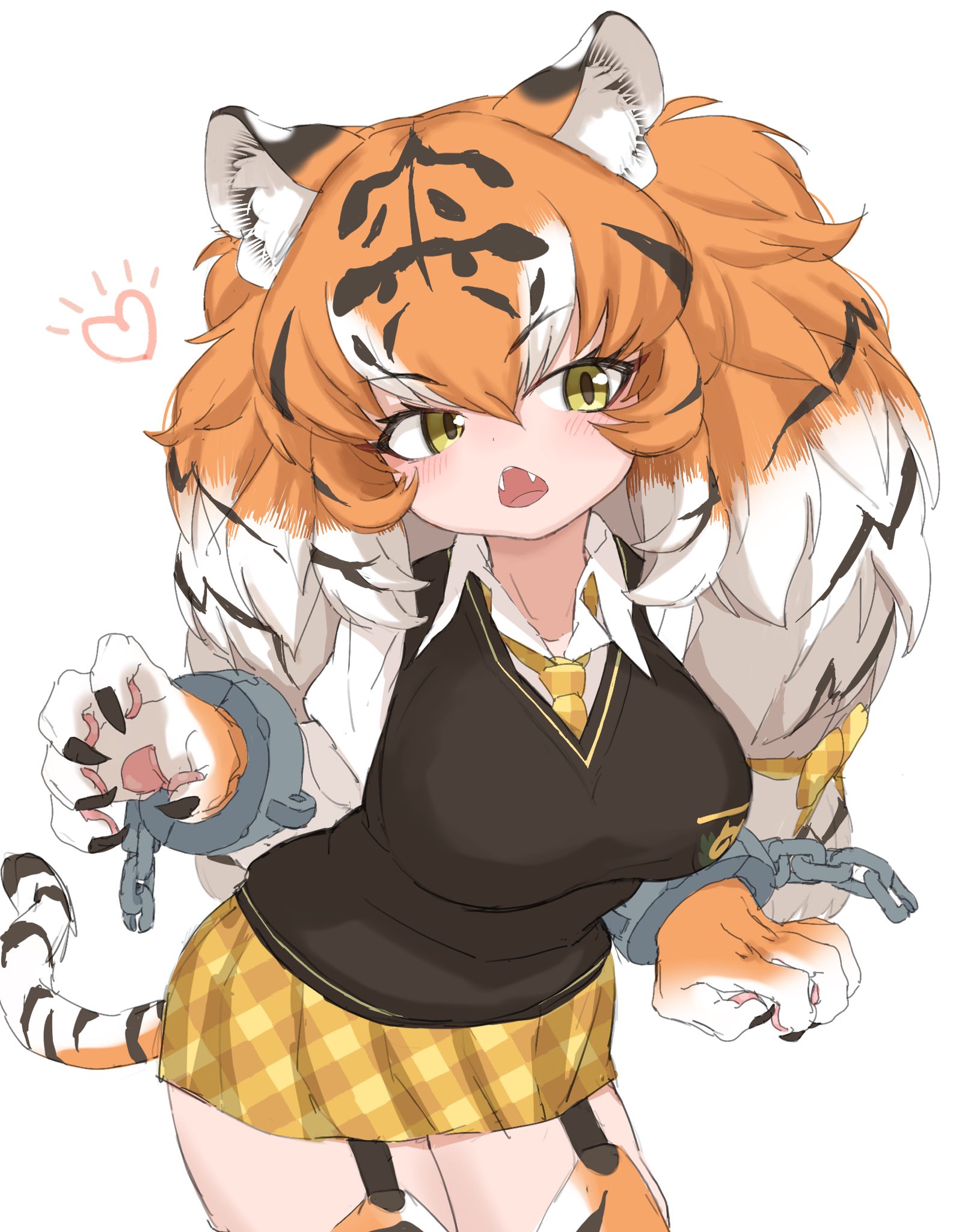 kakanashi1, siberian tiger (kemono friends), kemono friends, commentary request, highres, 1girl, animal ear fluff, animal ears, animal hands, animal print, big hair, black hair, blush, breasts, chain, claw pose, claws, collared shirt, cowboy shot, cuffs, fangs, garter straps, hair between eyes, handcuffs, heart, jaggy lines, large breasts, leaning forward, long hair, low-tied long hair, miniskirt, multicolored hair, necktie, open mouth, orange hair, pawpads, plaid clothes, plaid necktie, plaid skirt, pleated skirt, print thighhighs, shackles, shirt, simple background, skirt, solo, sweater vest, tail, thighhighs, tiger ears, tiger print, tiger tail, twintails, vest, white background, white hair, white shirt, yellow eyes, zettai ryouiki